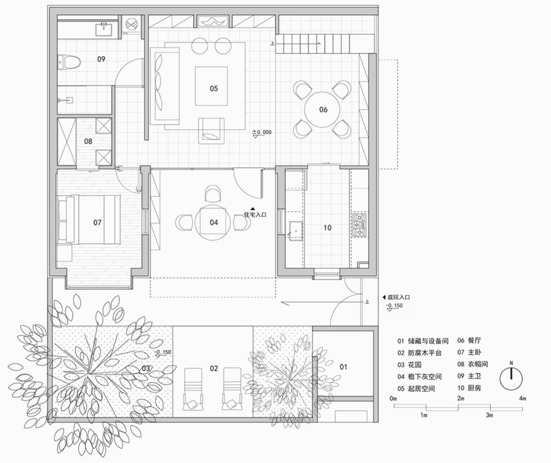室內住宅配置的2D技術圖,帶有現代設計元素。