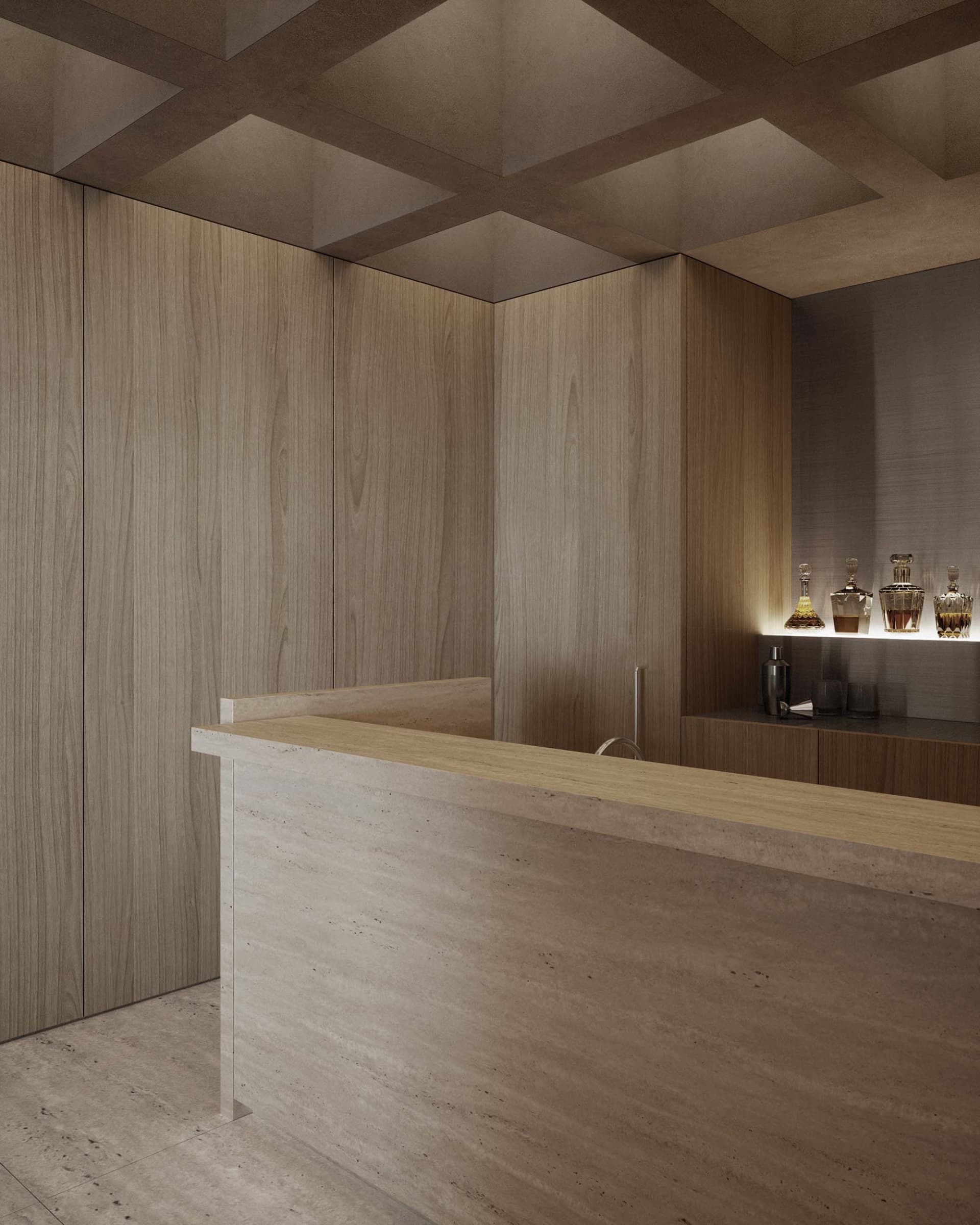 A minimalist hotel bar with wooden accents and a sleek, modern design.