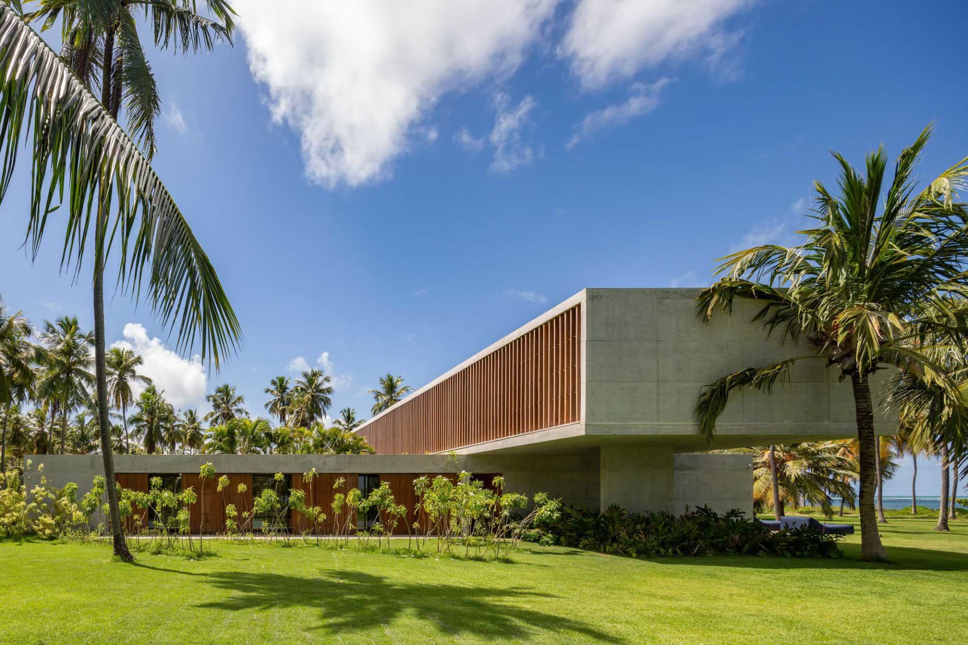 Modern residential house with a concrete exterior featuring a wooden slat wall.