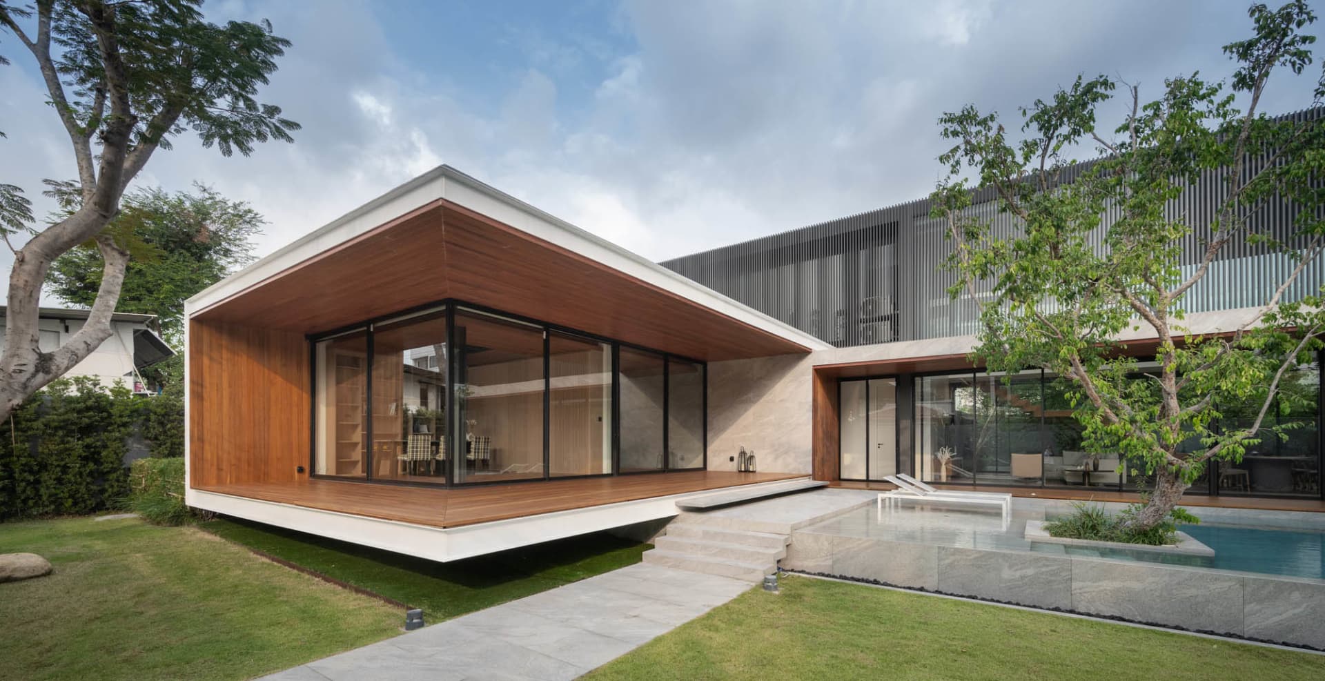 A modern house with a pool and garden