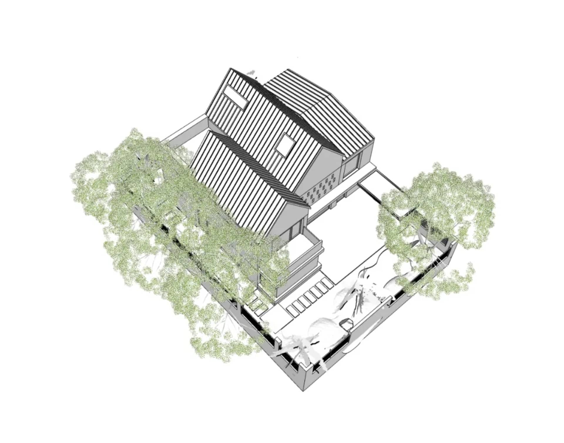 Isometric view of a one-story house with a metal roof and concrete walls.