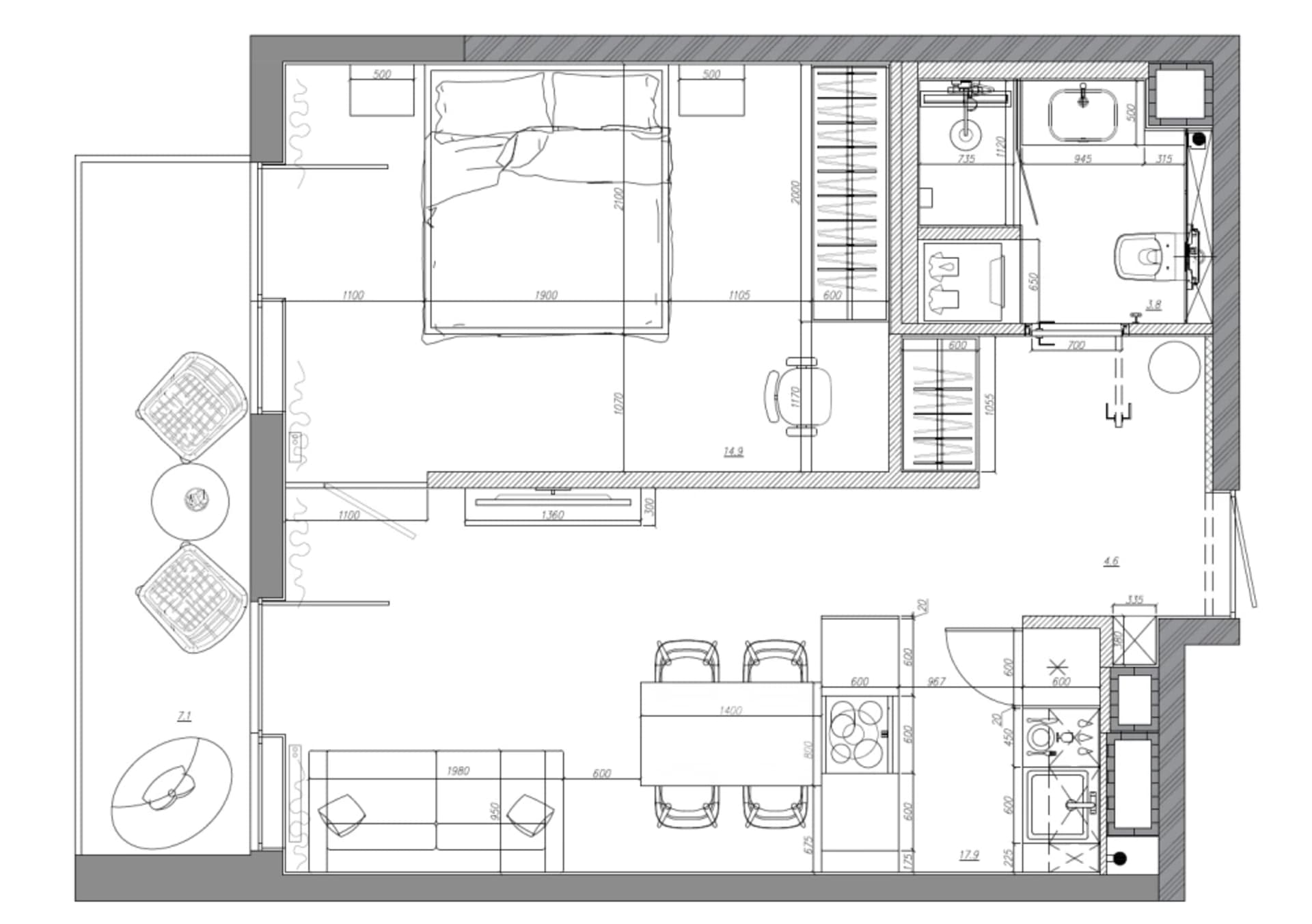 Floor plan of a modern apartment layout with bedroom, kitchen, and living room.