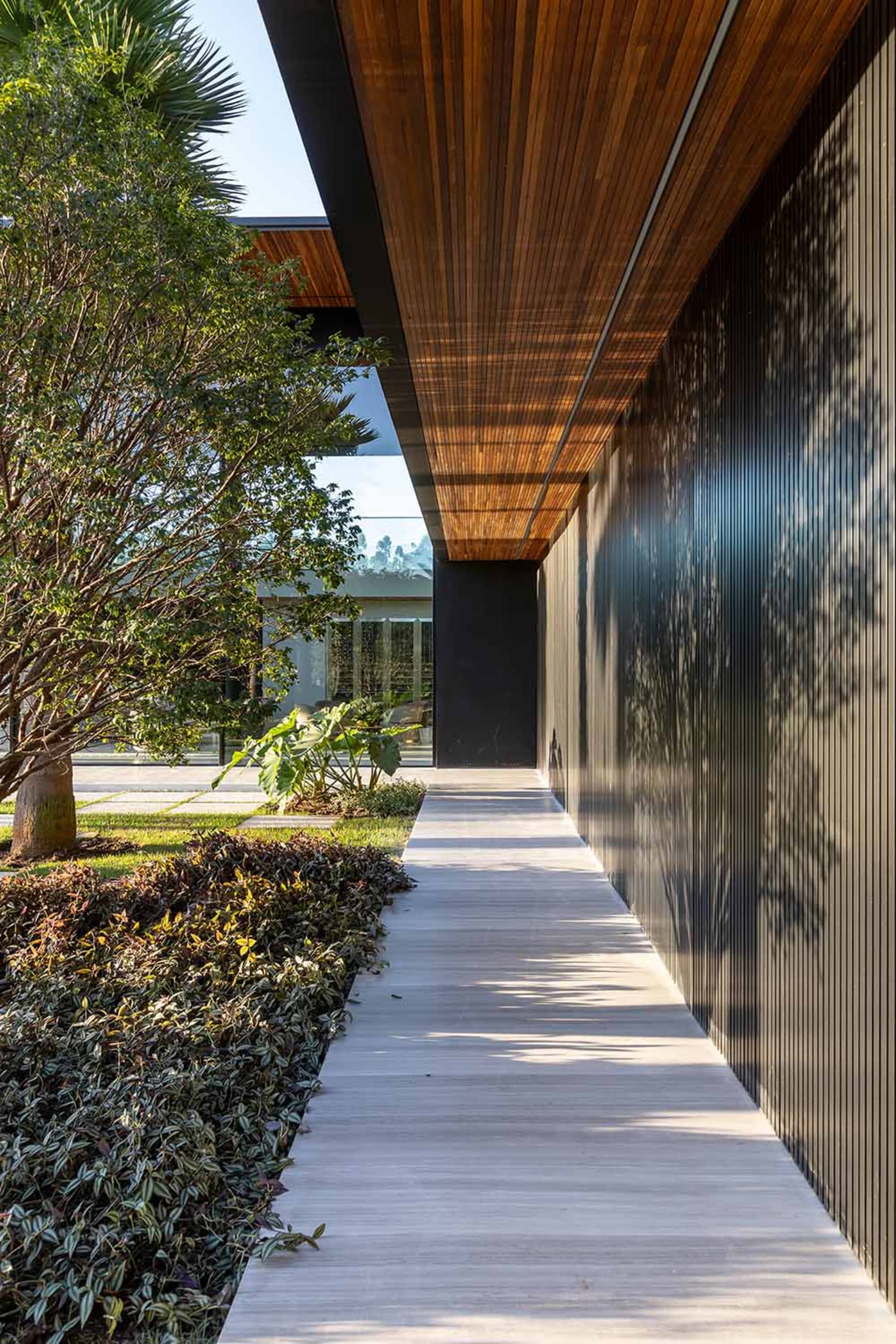 Modern architectural exterior featuring wood and concrete patio