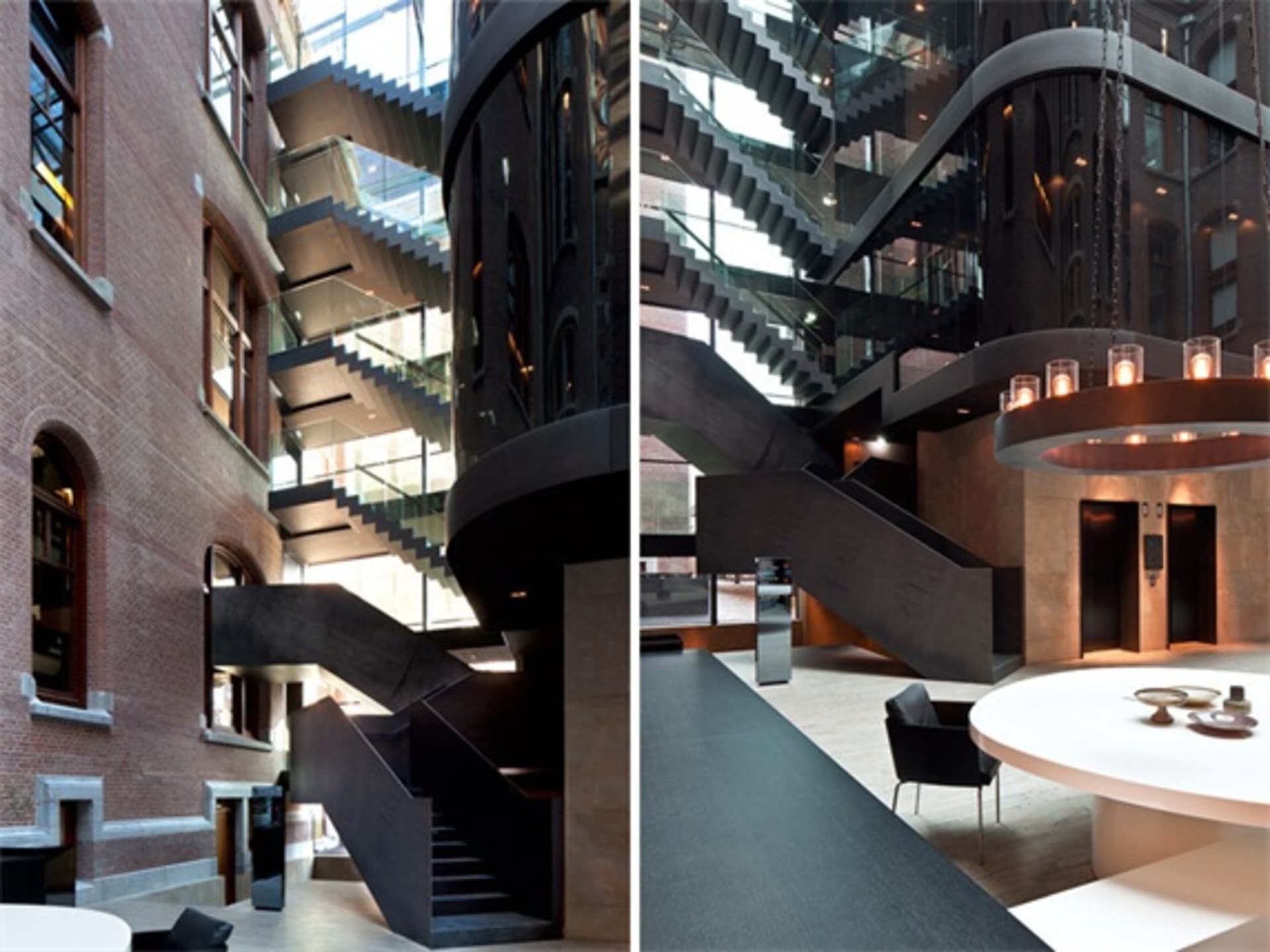 An image showing a modern lobby with metal stairs.