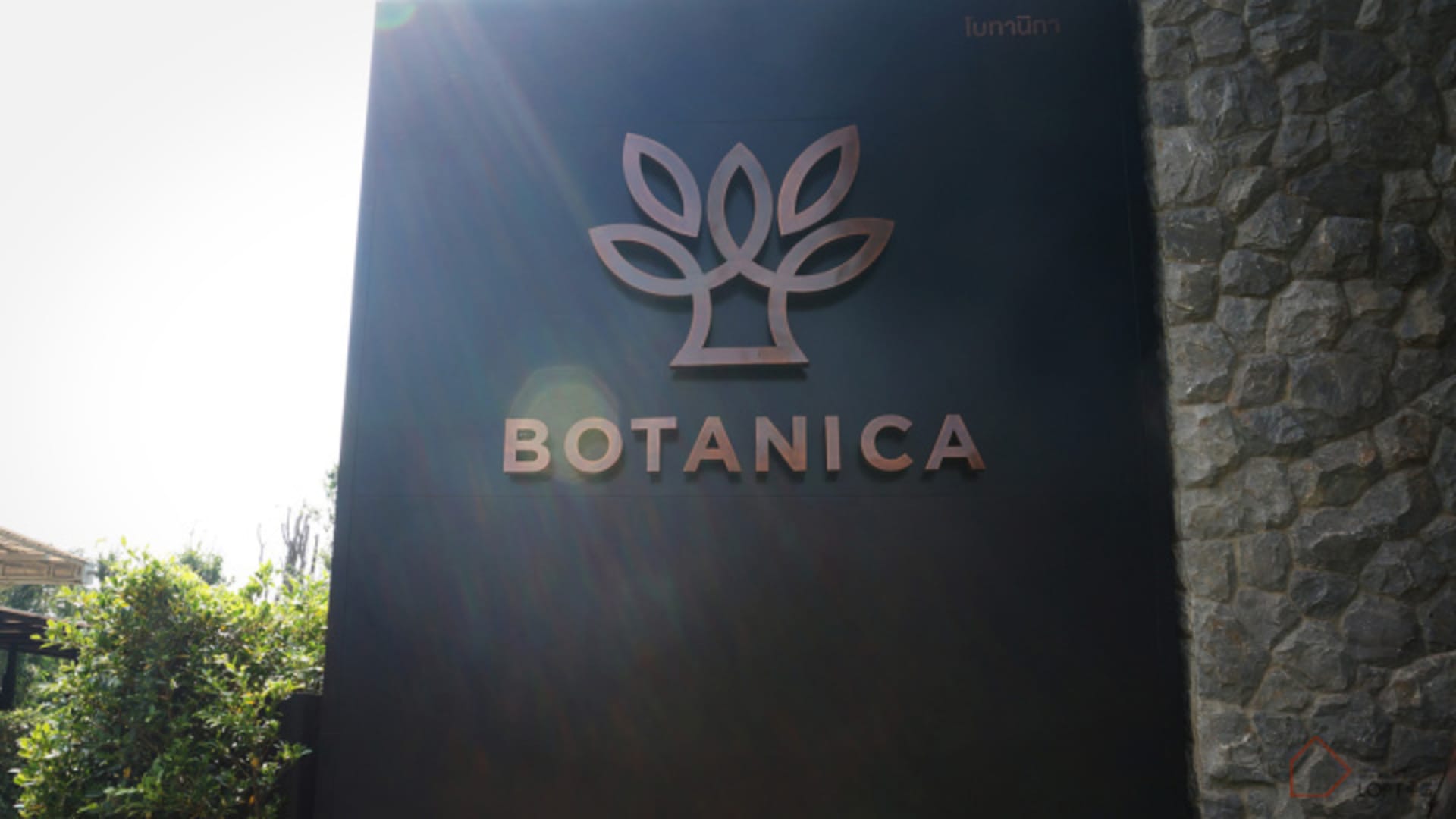 A black outdoor sign with a metallic leaf motif displaying 'BOTANICA'.