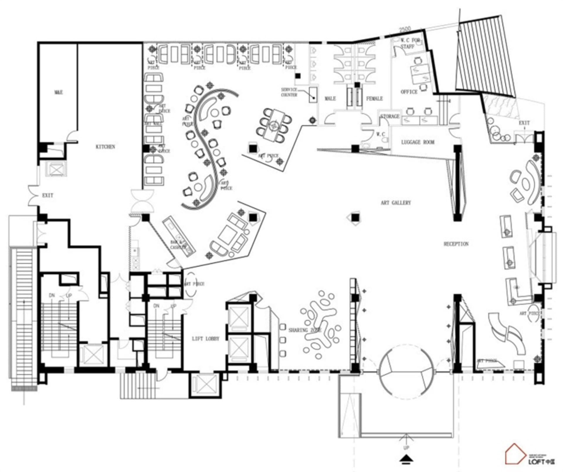 中性色調辦公室室內的詳細2D建築圖,包含接待區等功能分區