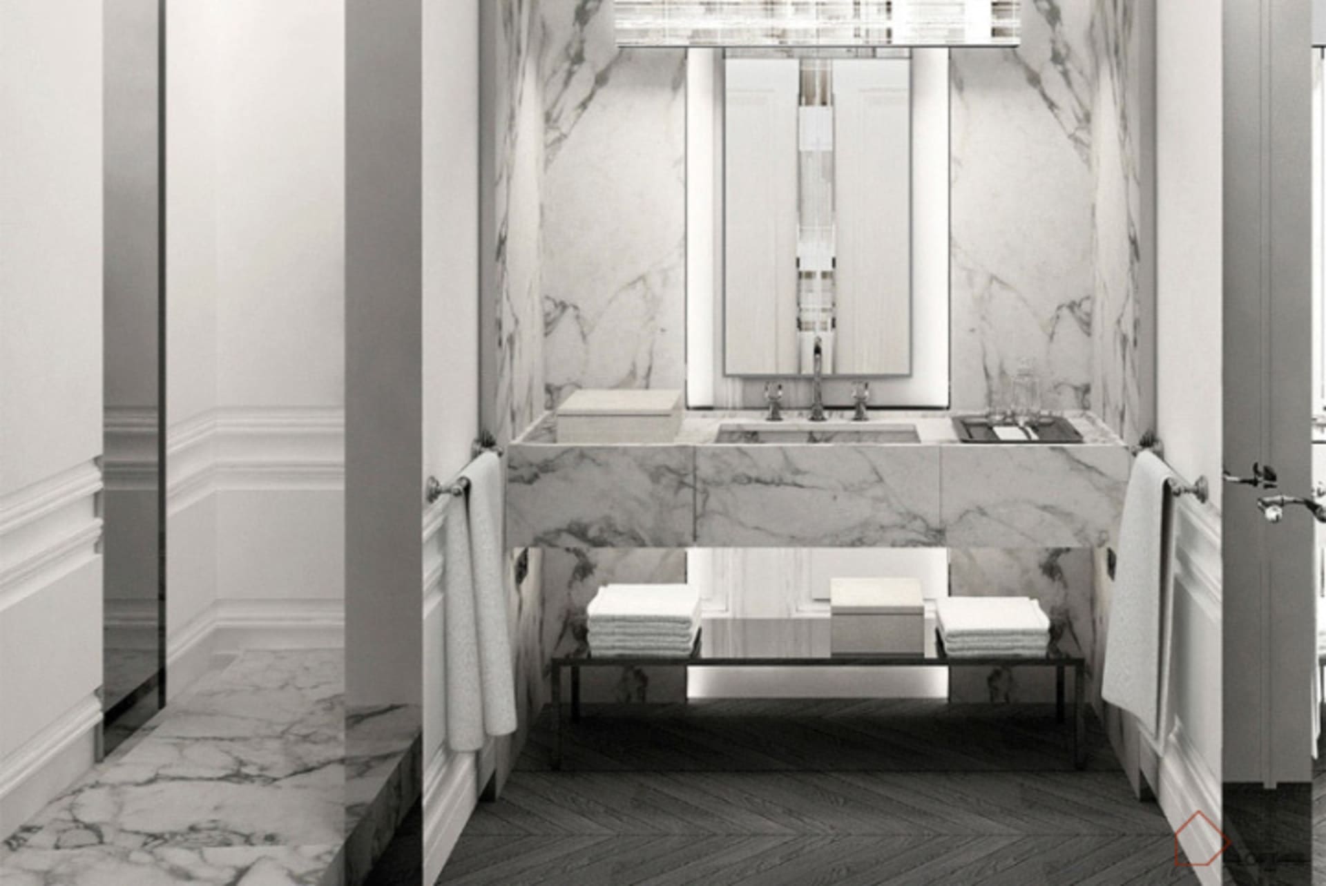 A modern bathroom interior featuring marble countertops and flooring.