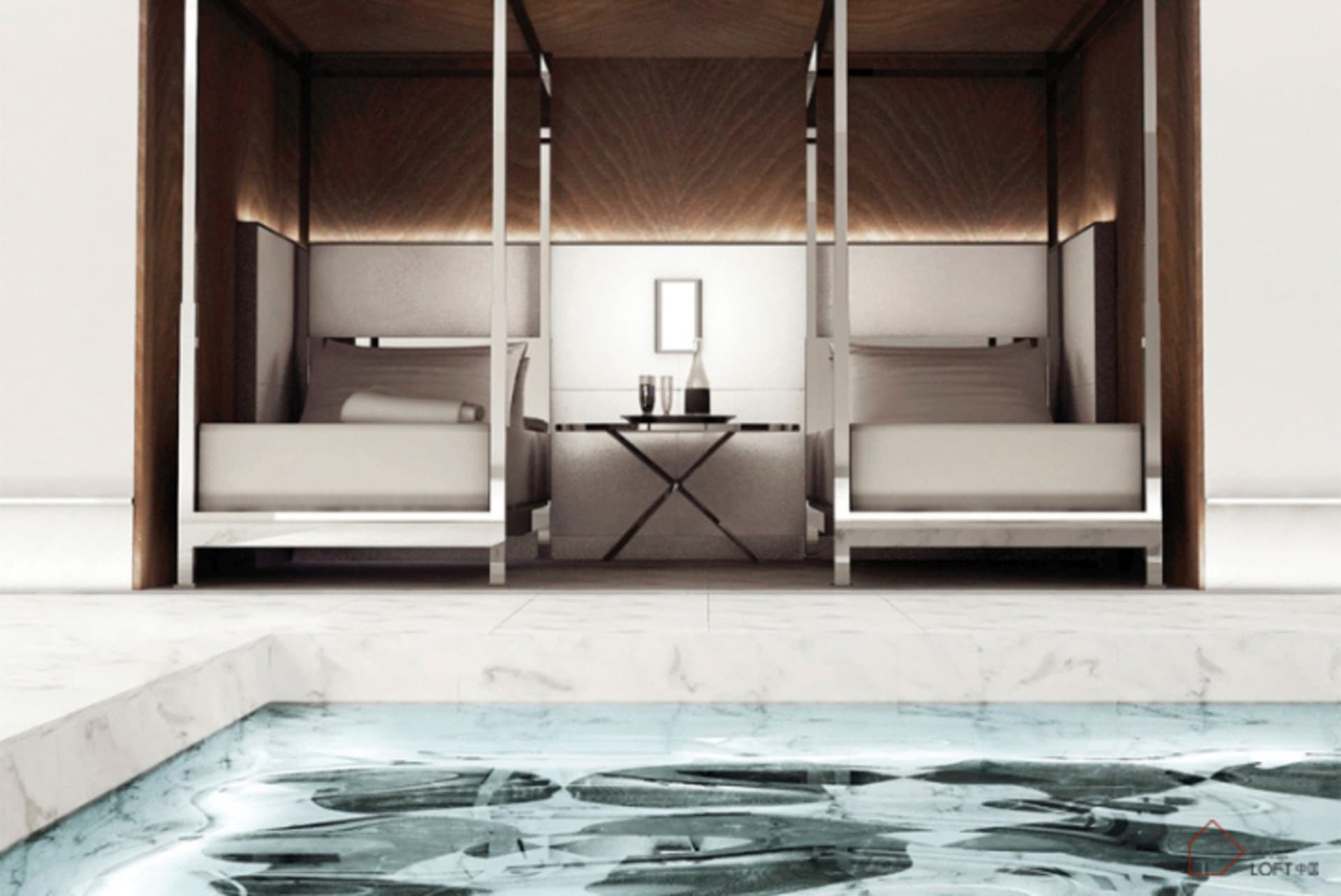 A modern hot tub suite featuring marble and concrete materials