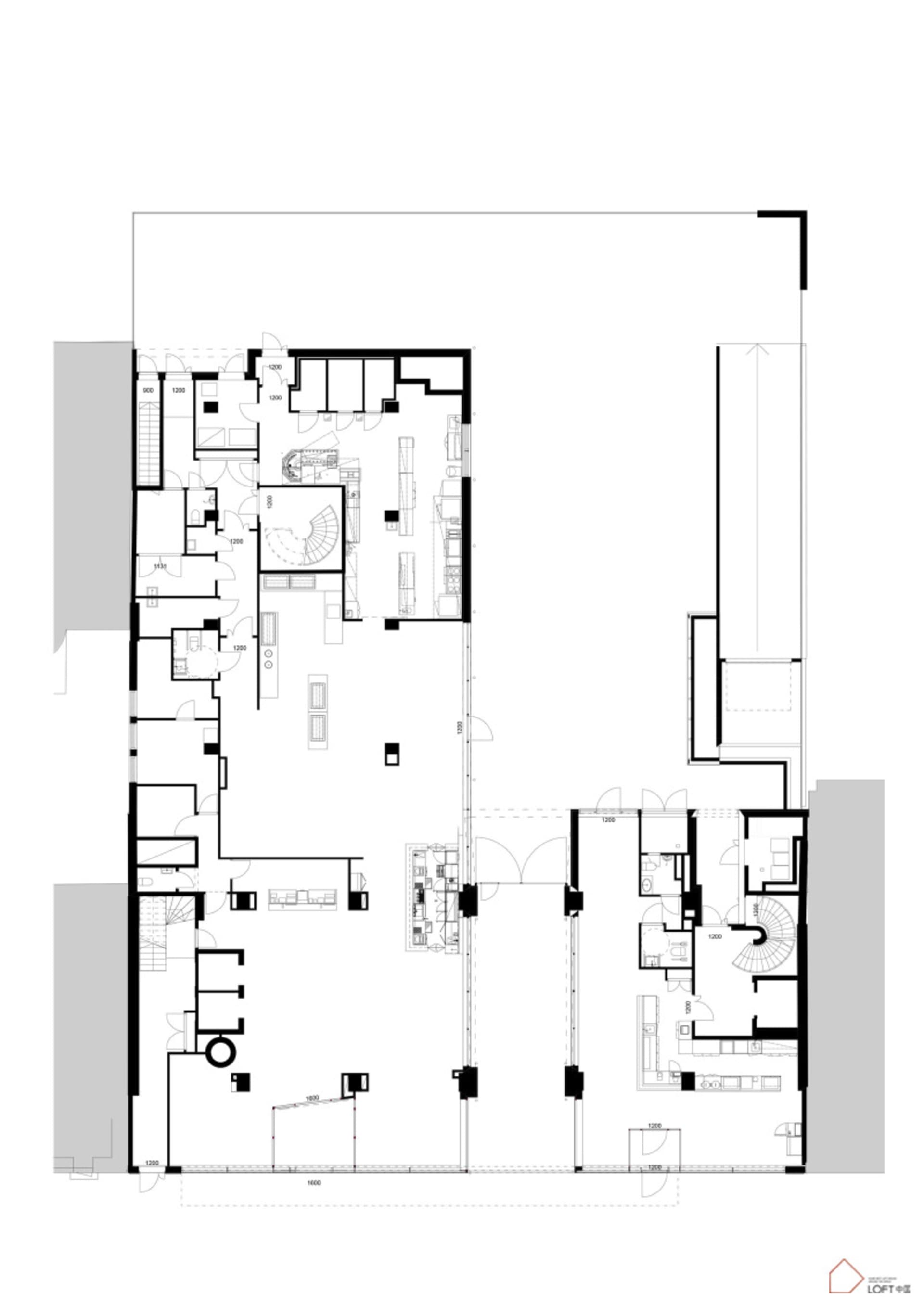2D technical drawing of a modern office design layout.