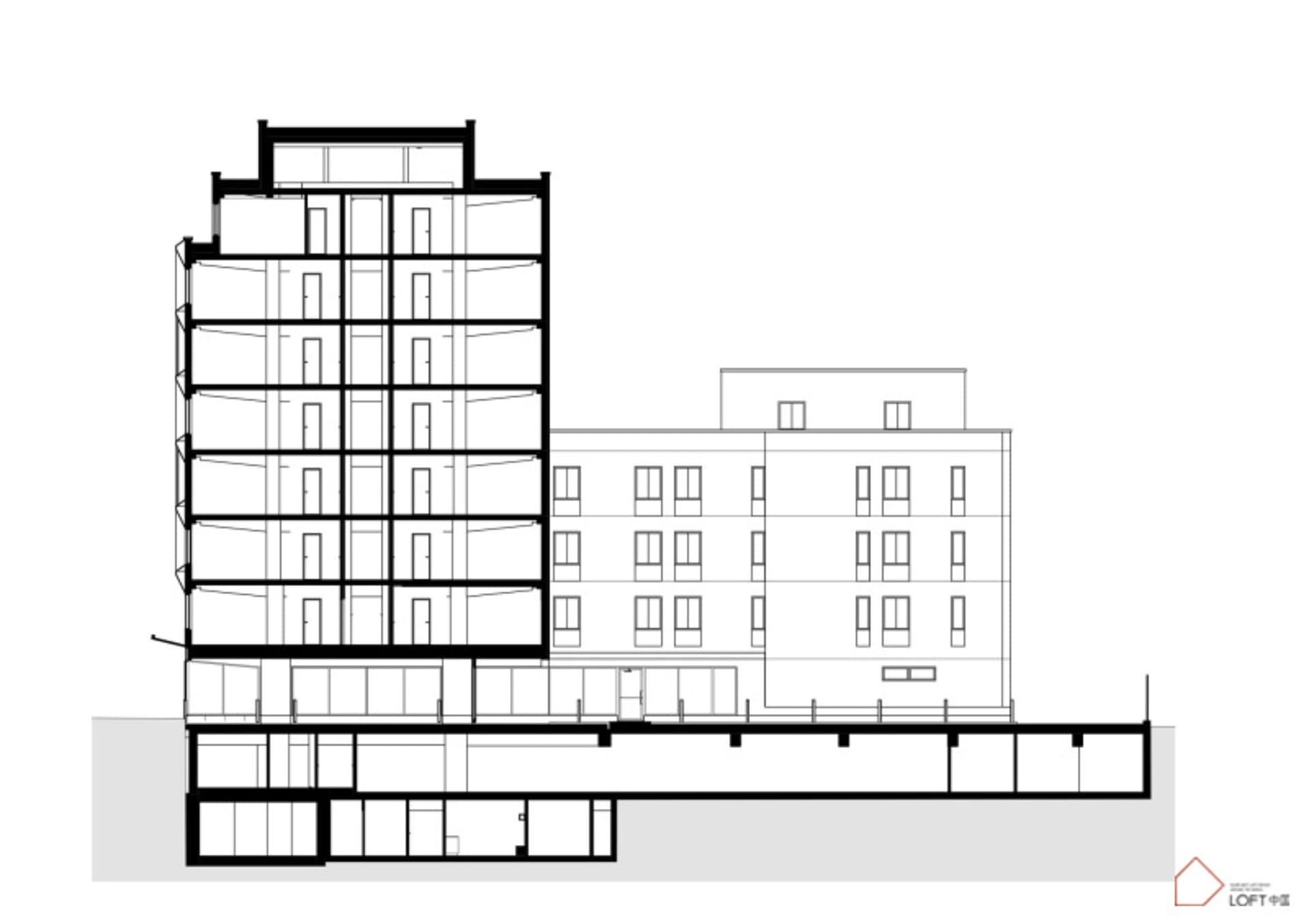 A modern apartment building with glass walls in a sectional view.