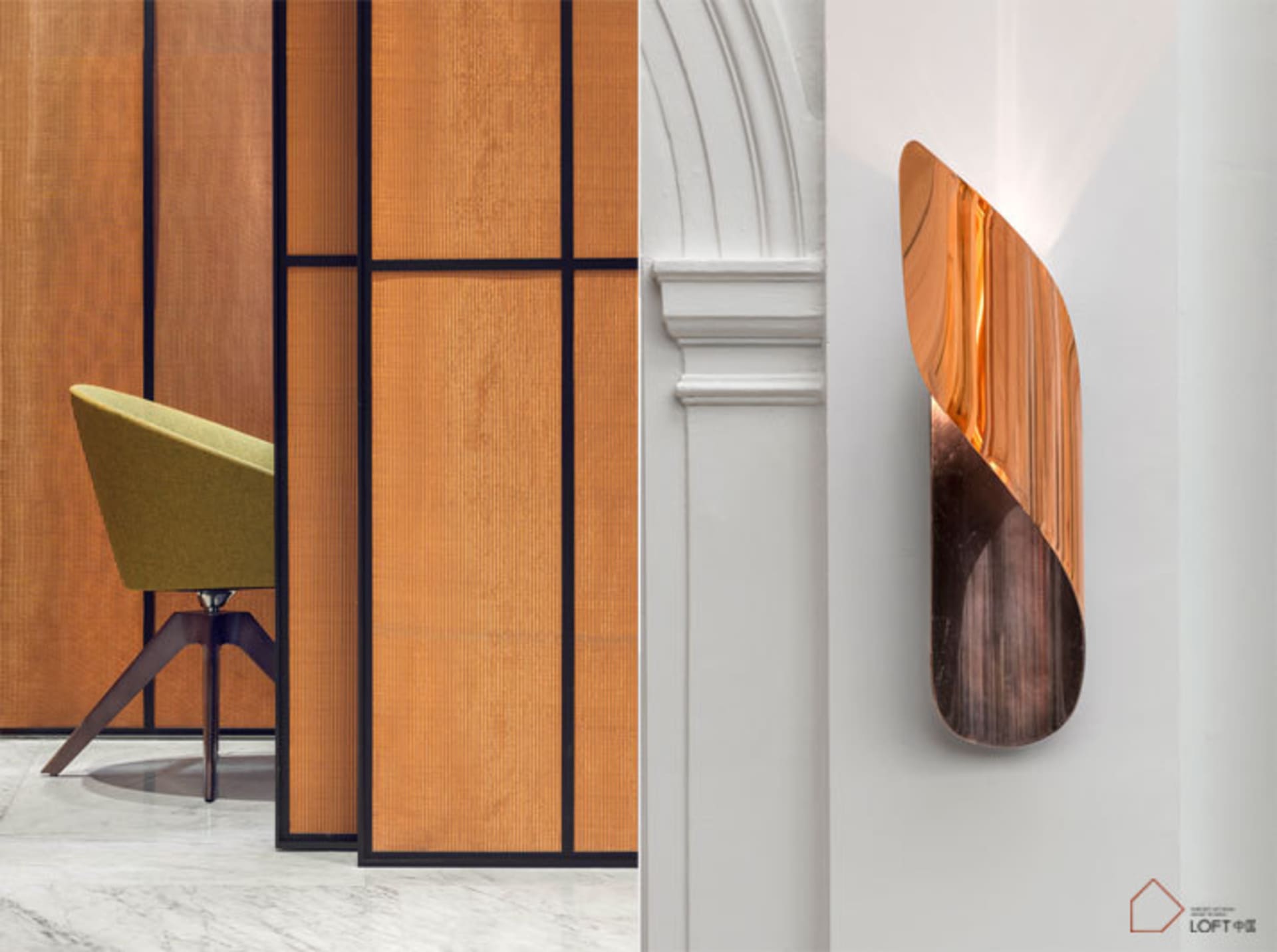 A modern interior design featuring a metallic wall-hanging decor
