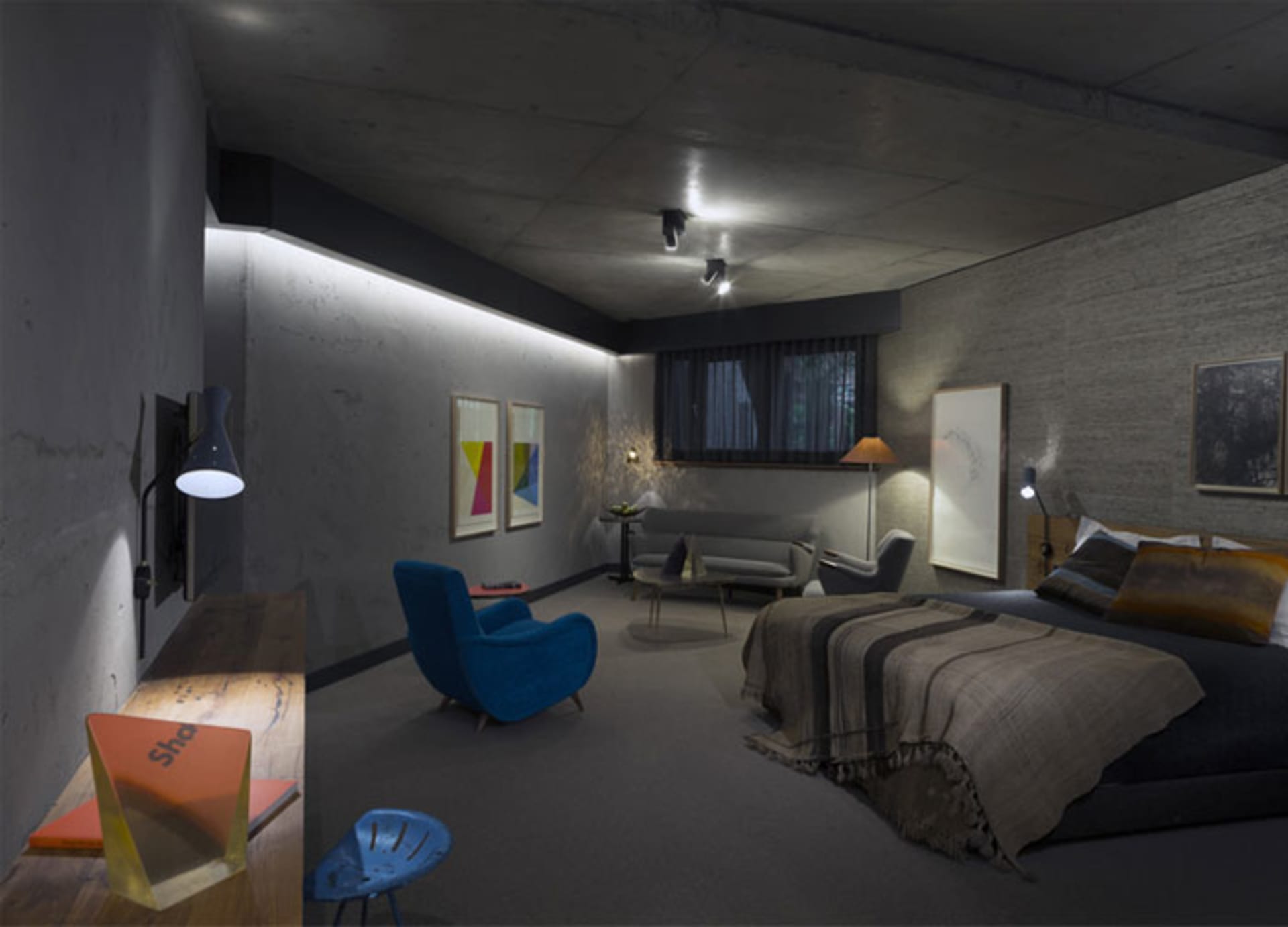 A modern bedroom with concrete walls and a minimalist design.