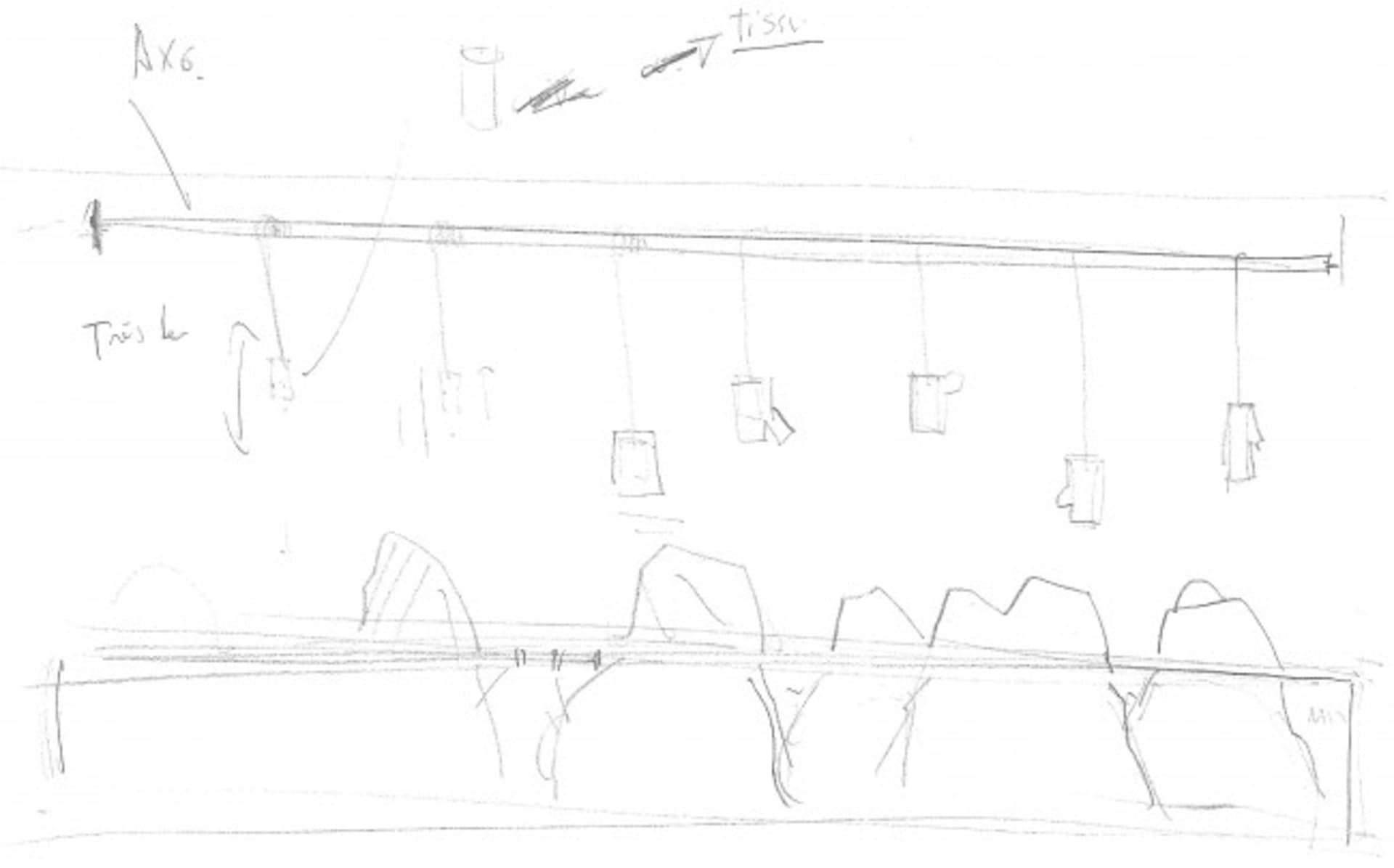 A mixed-media installation drawing in a museum-like setting with hanging sculptures and artistic elements.