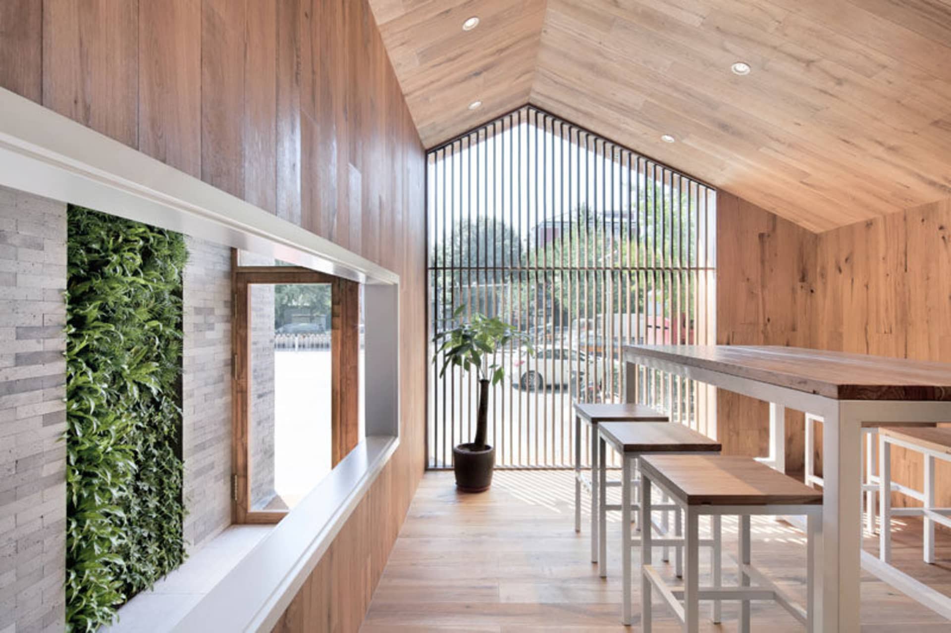 A modern cafe interior with wooden walls and a high window overlooking an outdoor area.