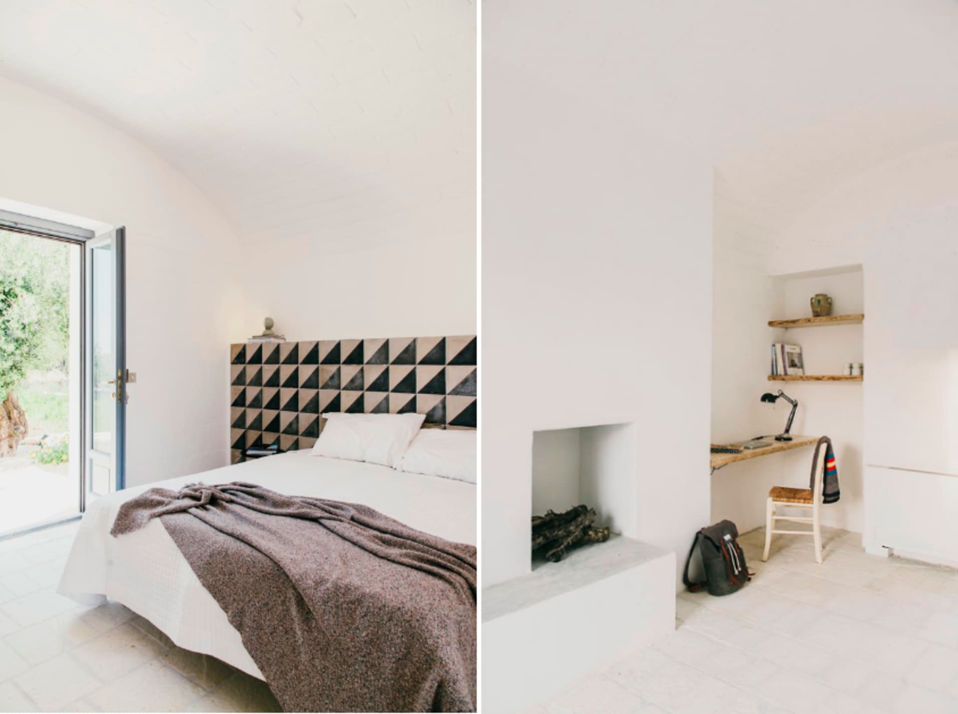 A minimalist bedroom with a bed, blanket, and a fireplace with shelves and a desk.