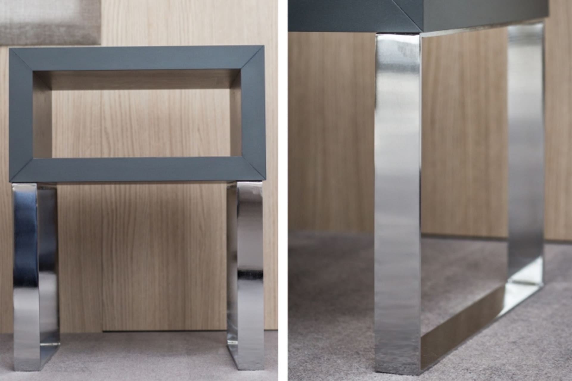 A close-up of a modern interior furniture piece showcasing a sleek, minimalist metal frame with a distinctive grey rectangula