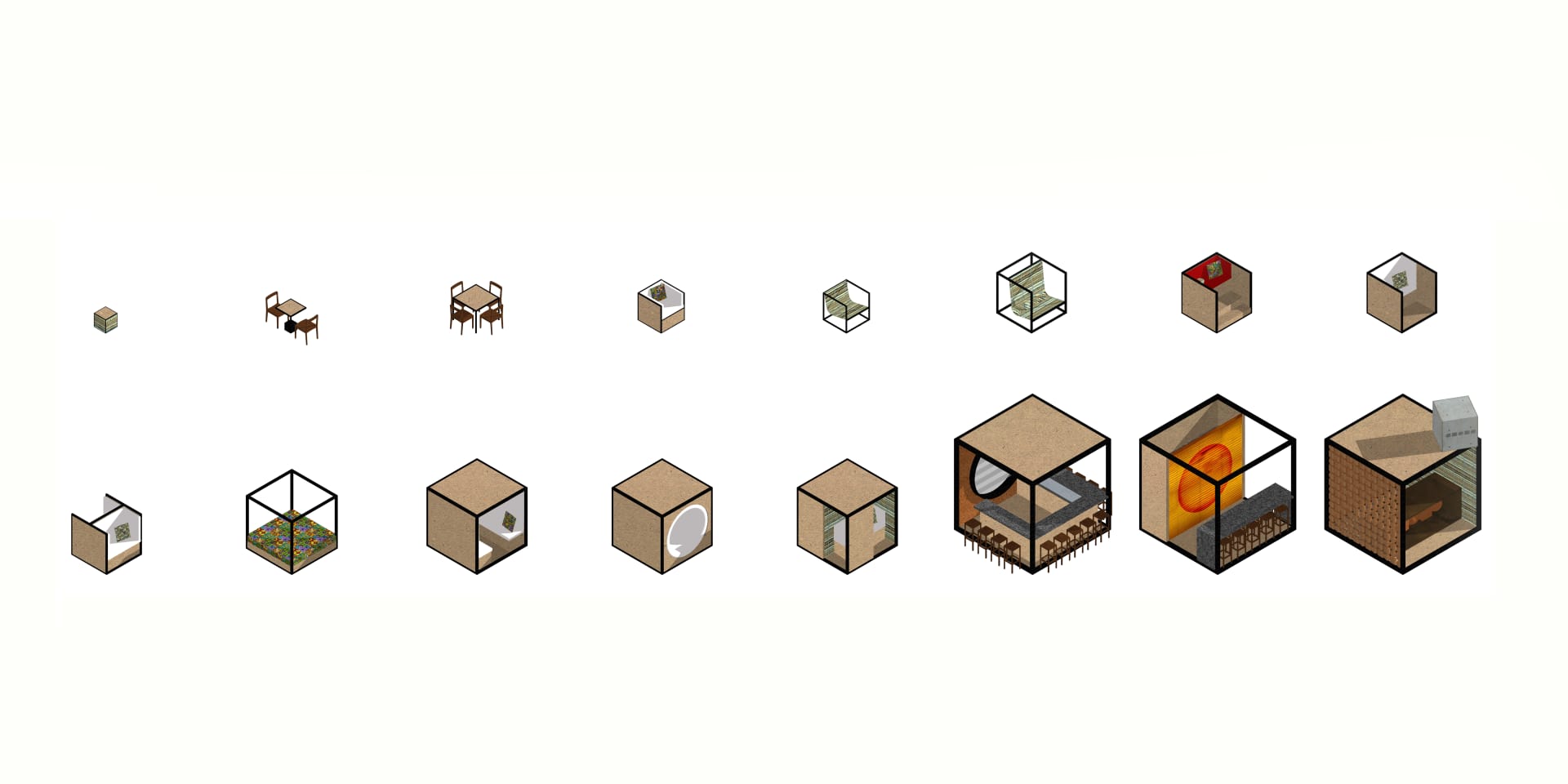 Multiple cubes with wooden interiors, each containing chairs and tables.