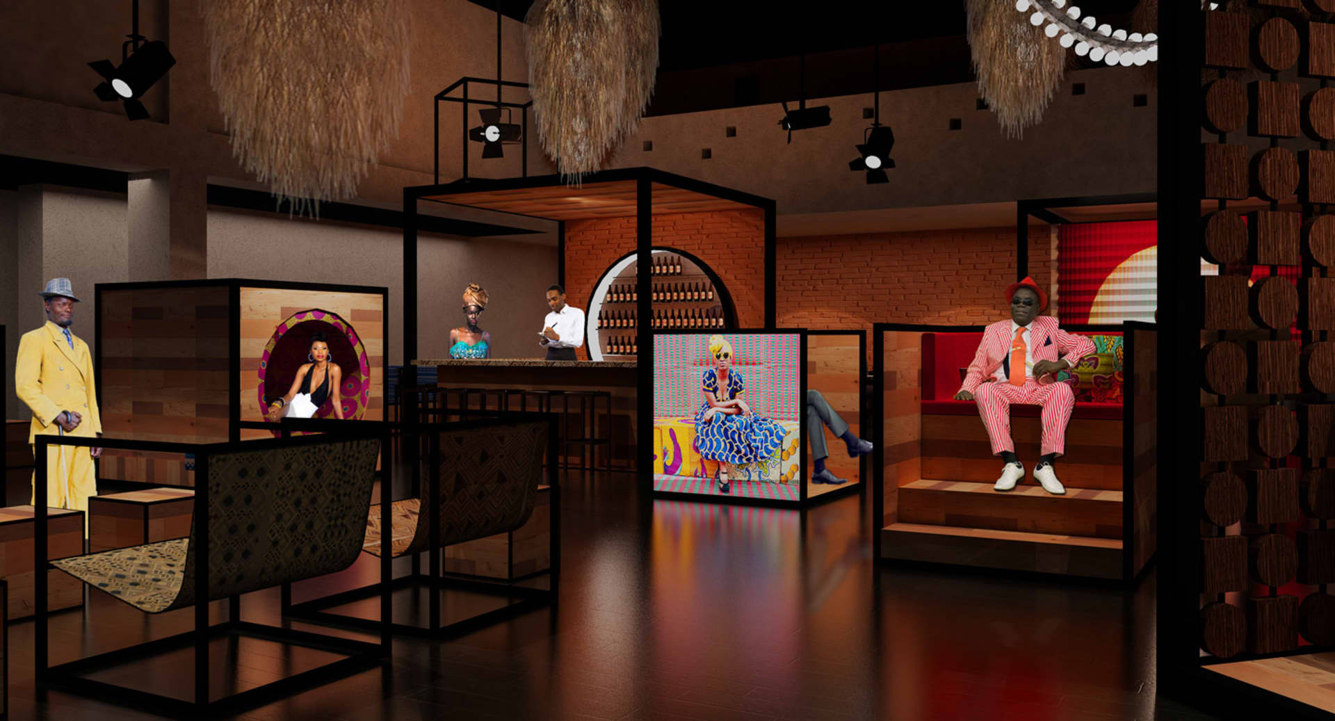Modern retail space featuring wood and digital art, including hanging artworks and digital screens.