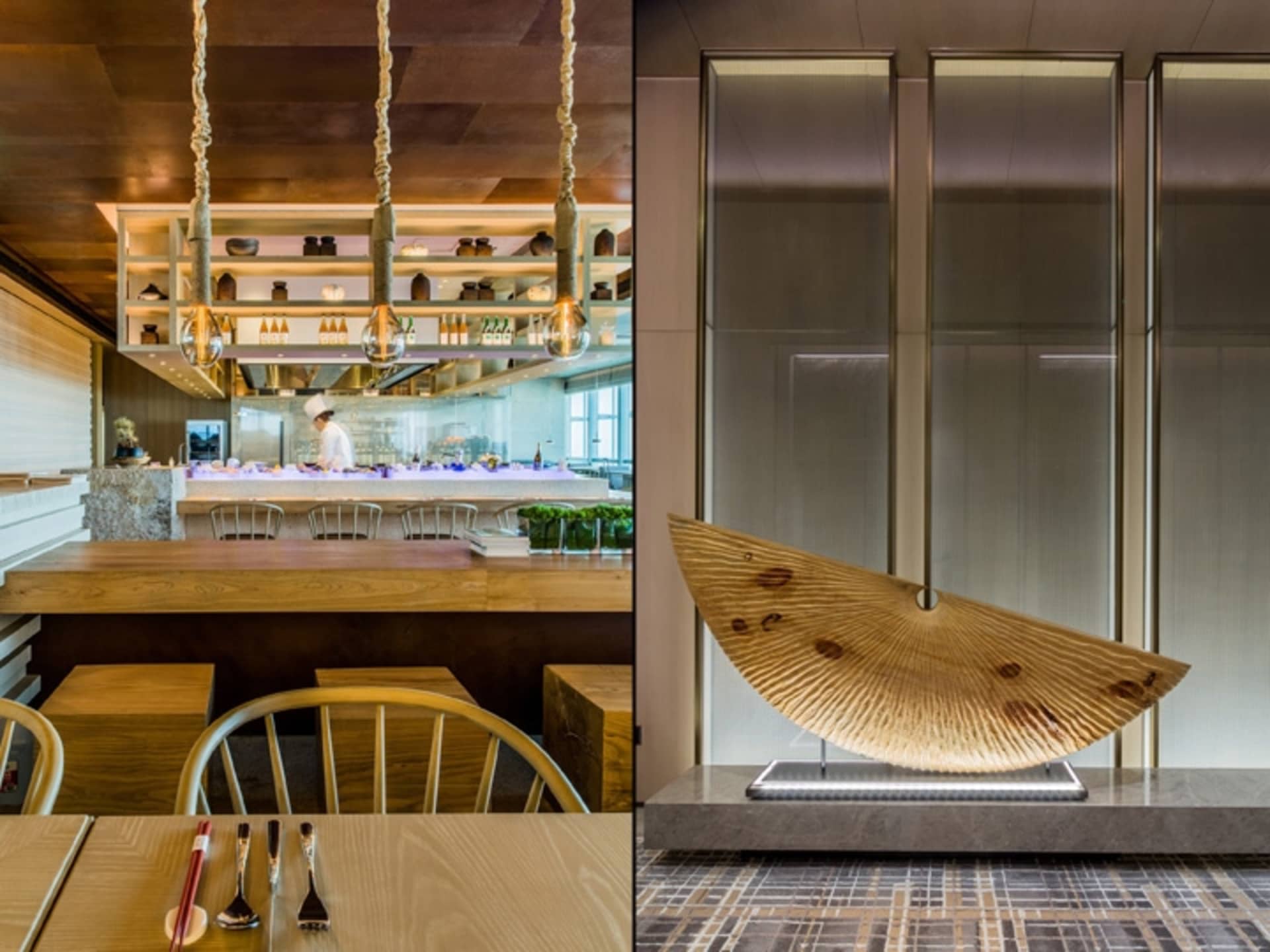 Modern restaurant interior design featuring wooden kitchen and bar counter.