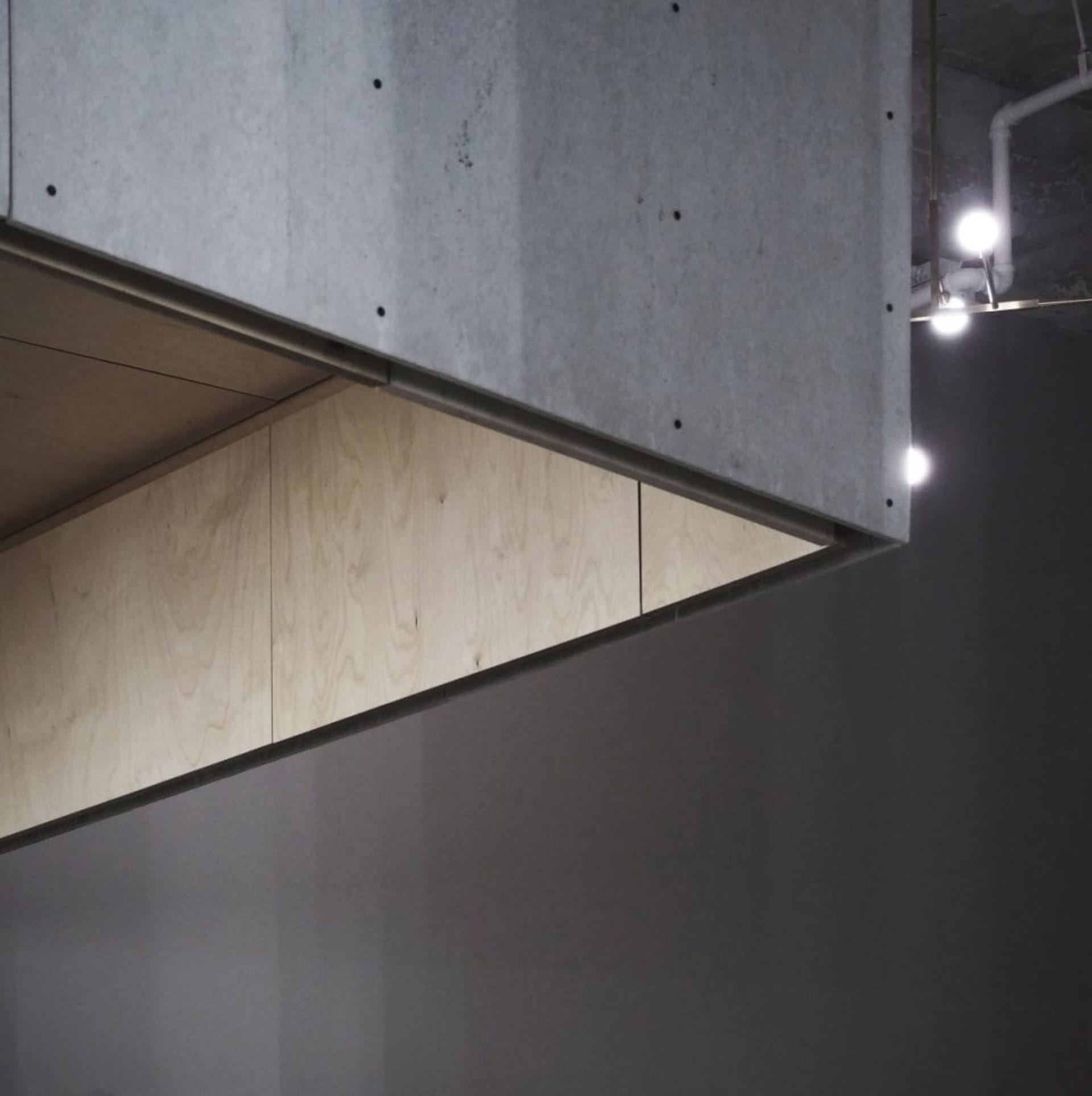 Modern interior design with wooden panels and concrete walls.