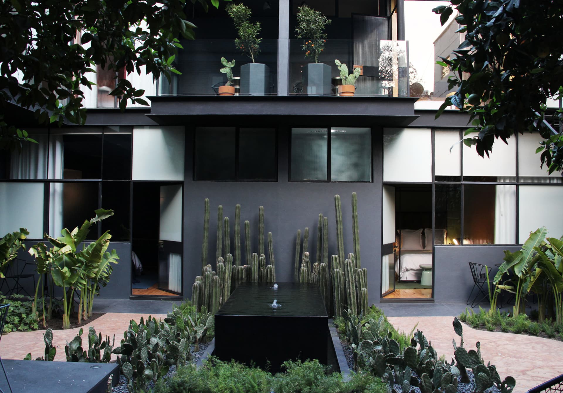 Modern urban courtyard with concrete floors, cacti, and a small water feature.