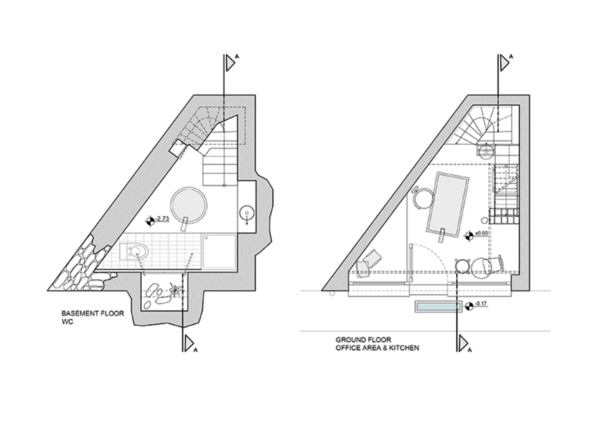 Modern kitchen floor plan featuring basement and ground floor layouts with office area and kitchen