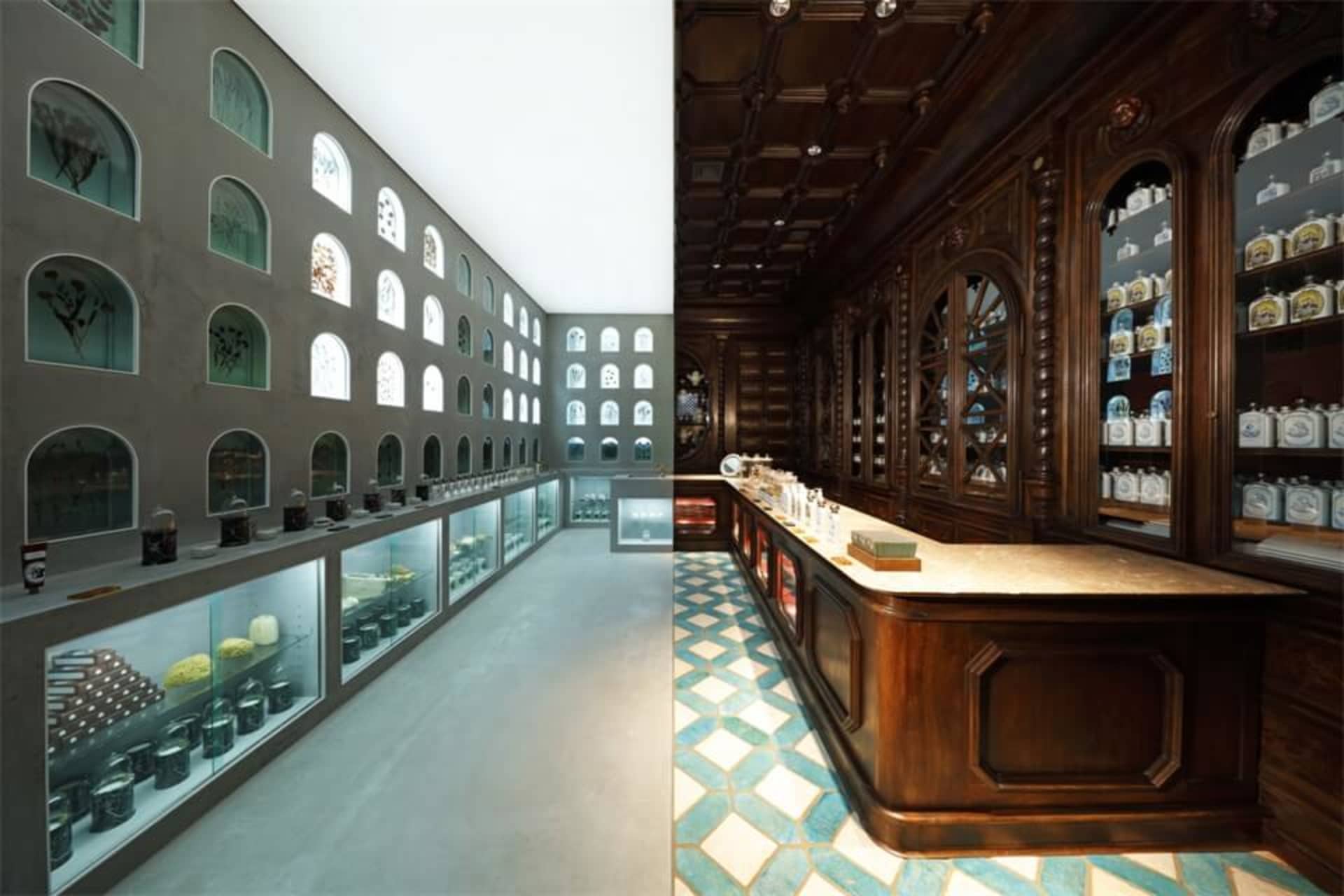 A retail interior space with glass display cases, exposed brick walls, and concrete flooring.