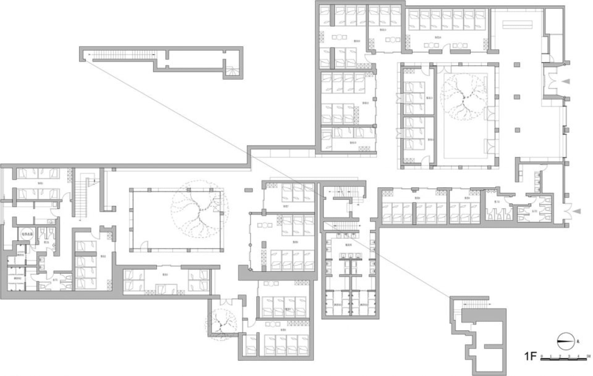 Modern office architecture floor plan showing office spaces and layouts.