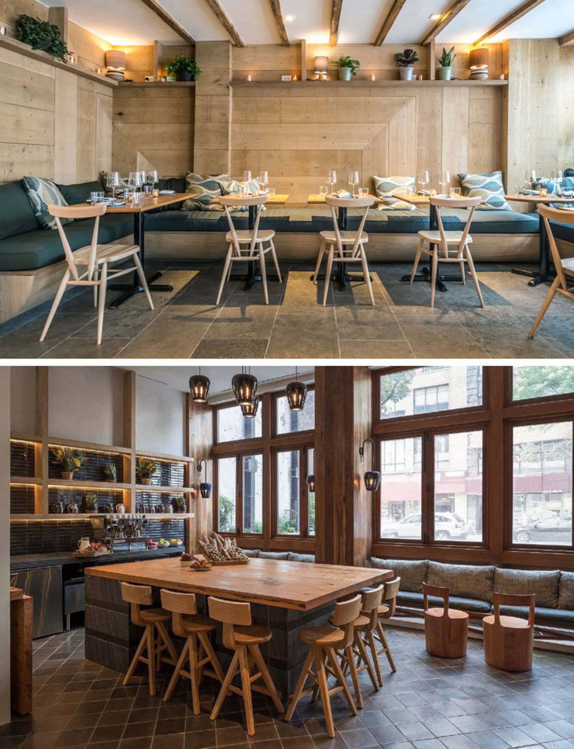 A modern restaurant interior with wooden furnishings and plant decor.
