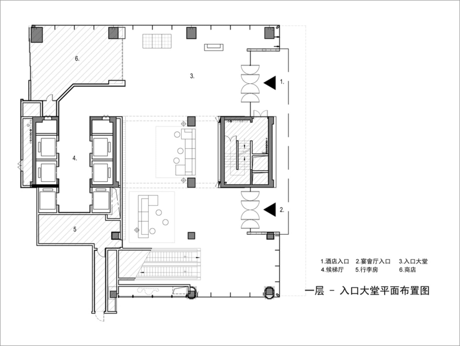 A detailed architectural floor plan of a hotel's entrance area, showing various functional zones and layout.