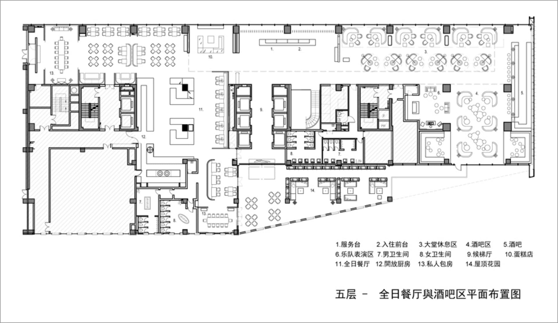 餐廳與酒吧室內平面圖,展示座位安排、電氣配置與家具擺設。