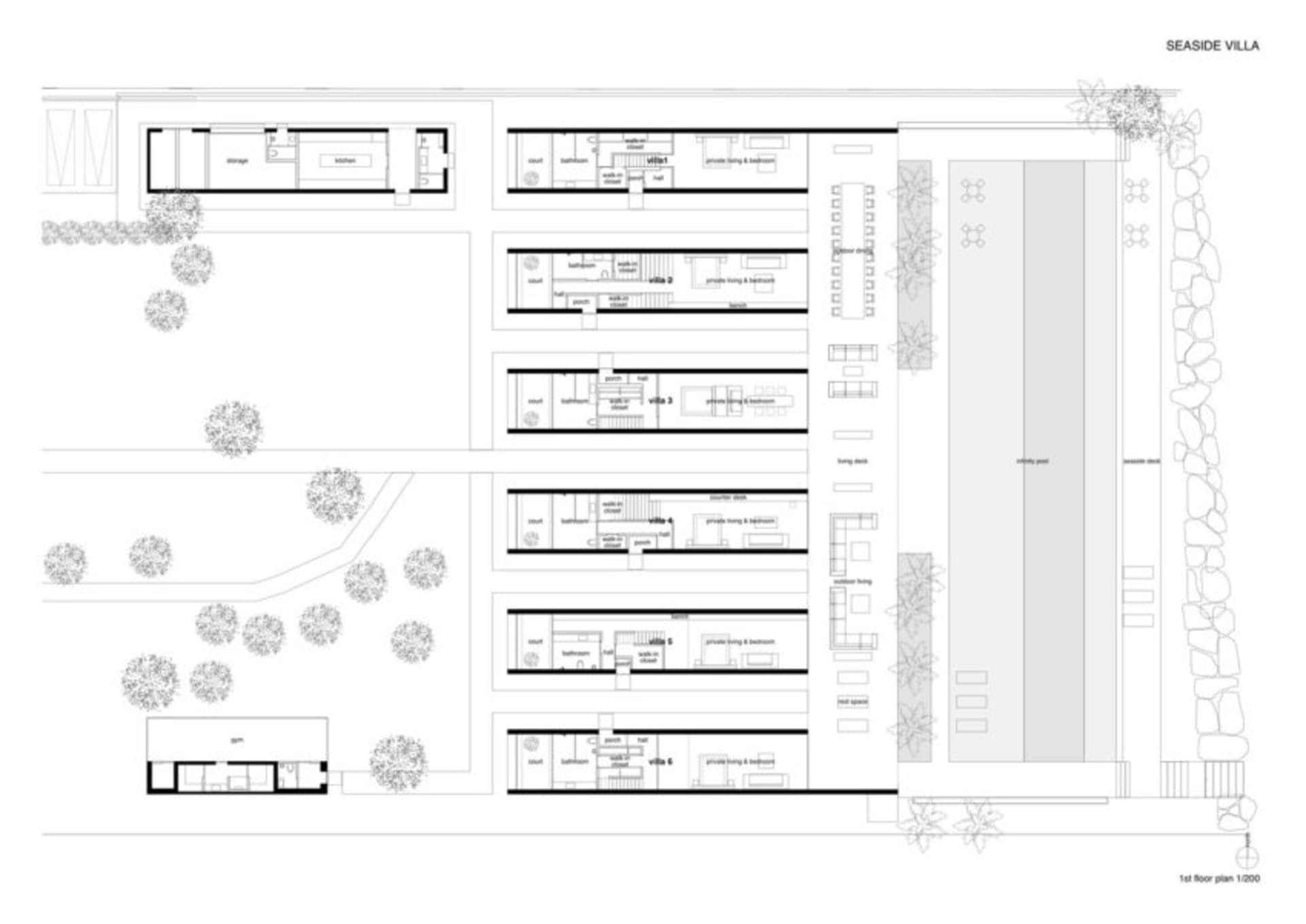 Floor plan layout of a seaside villa's first floor with labeled rooms and areas.