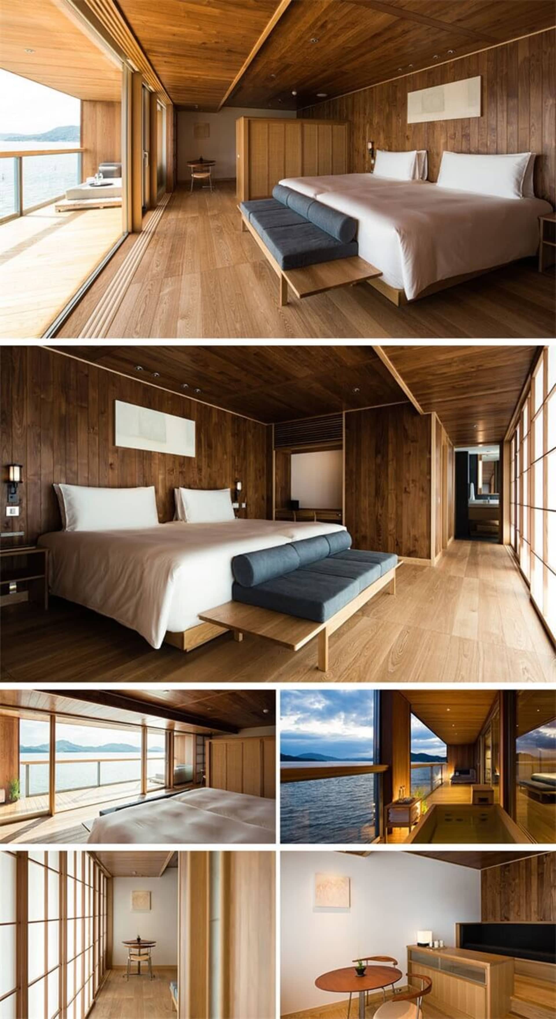 A modern minimalist bedroom suite featuring wood paneling and hardwood flooring, overlooking a scenic lake.