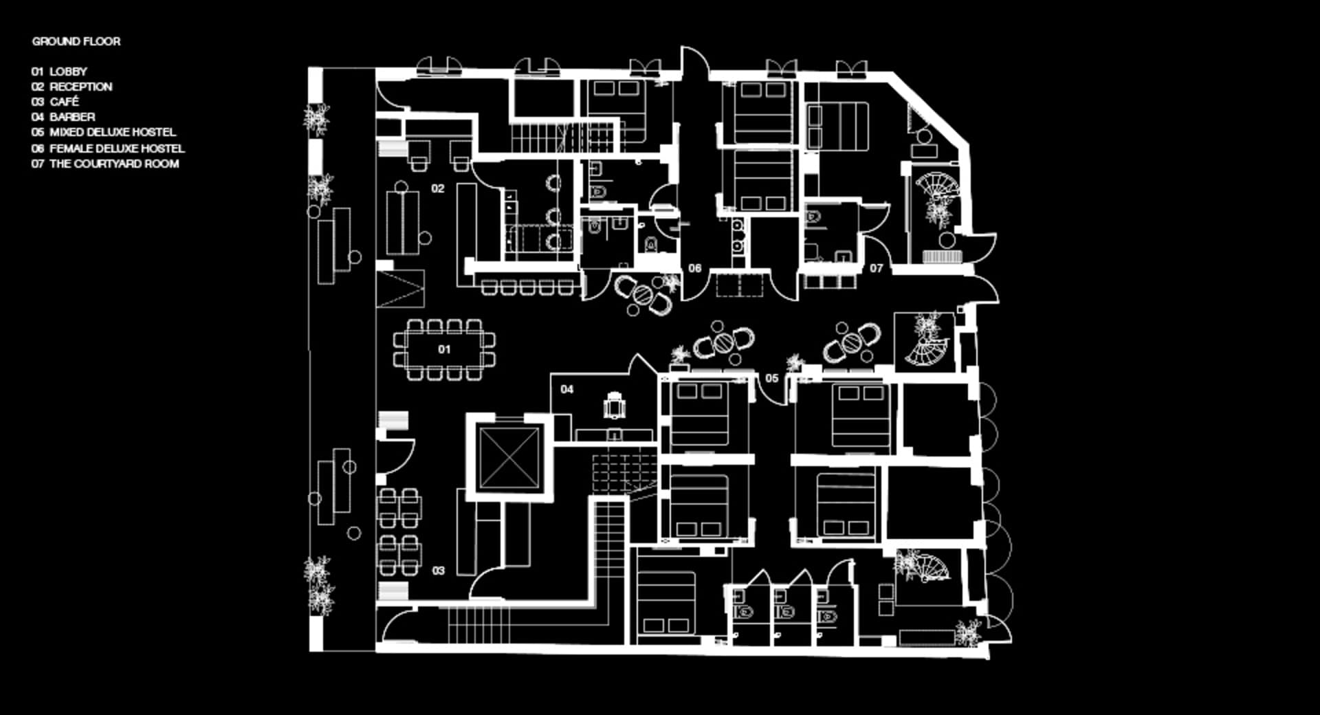 Floor plan of a commercial building showing various rooms such as lobby, reception, cafe, barber, and different types of host