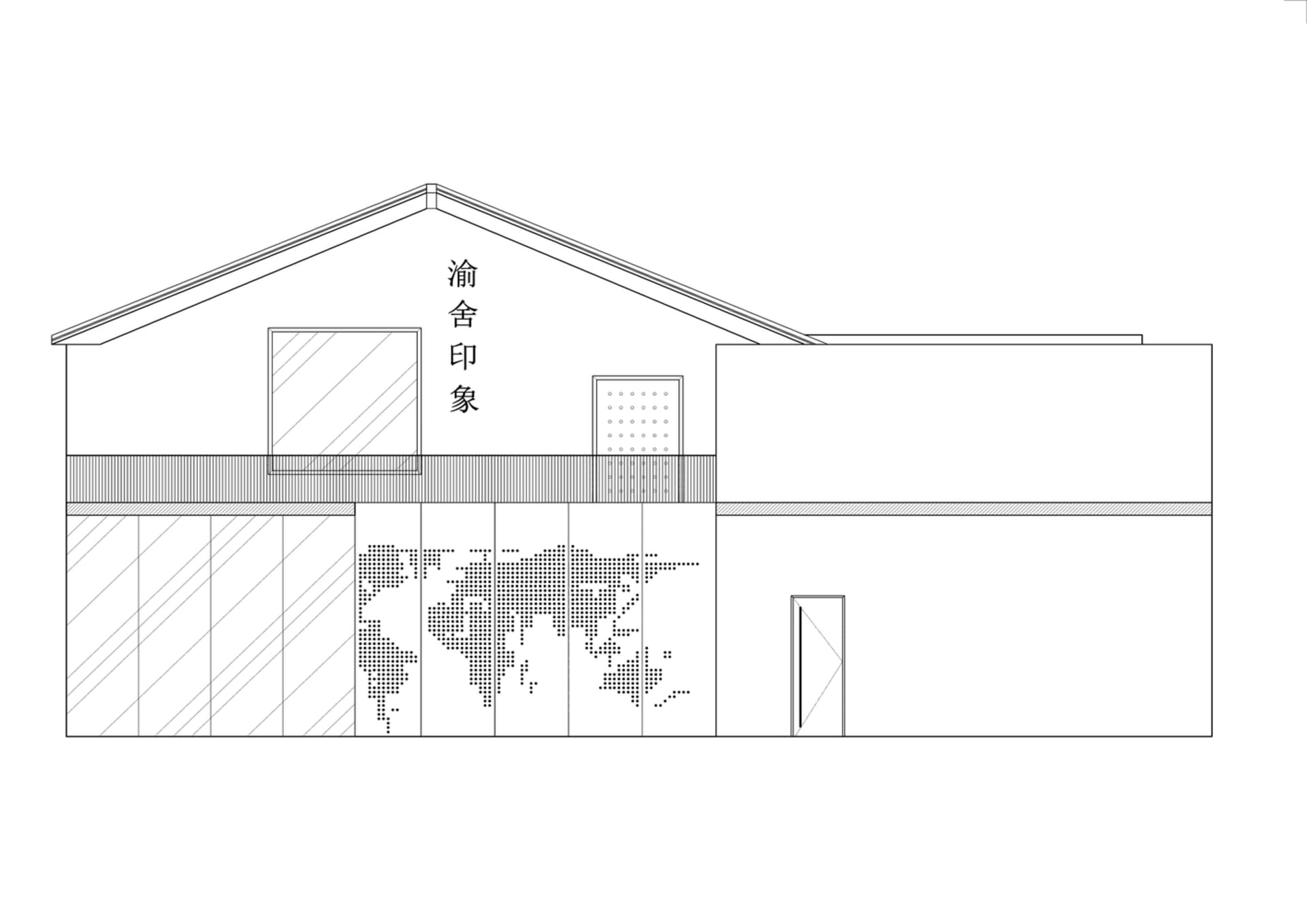 A rendered image of a building's exterior with a map pattern on the wall and a door on the side.