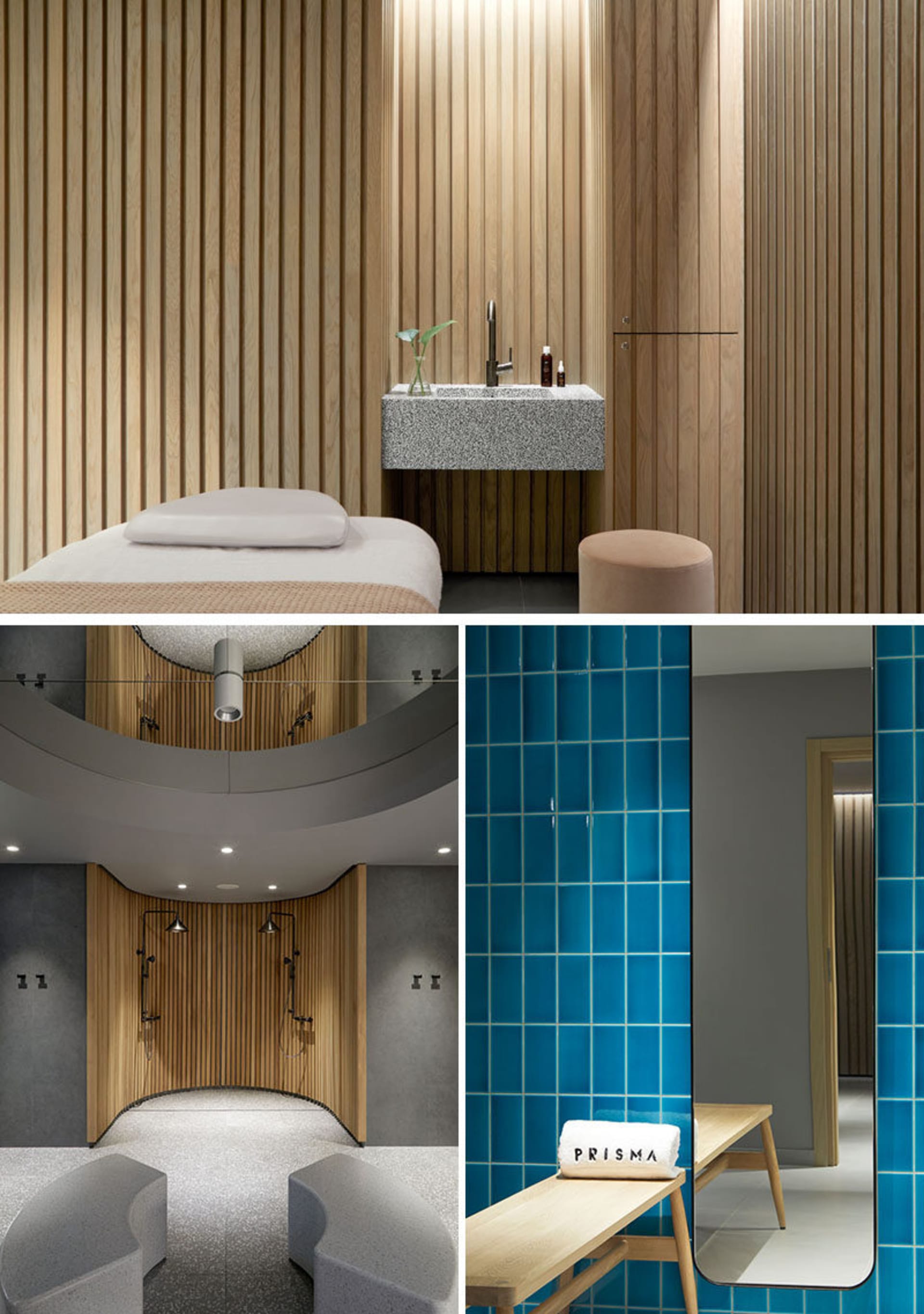 A modern bathroom with a blue tiled wall, a wooden panel wall, and a white stone countertop with a sink and faucet.