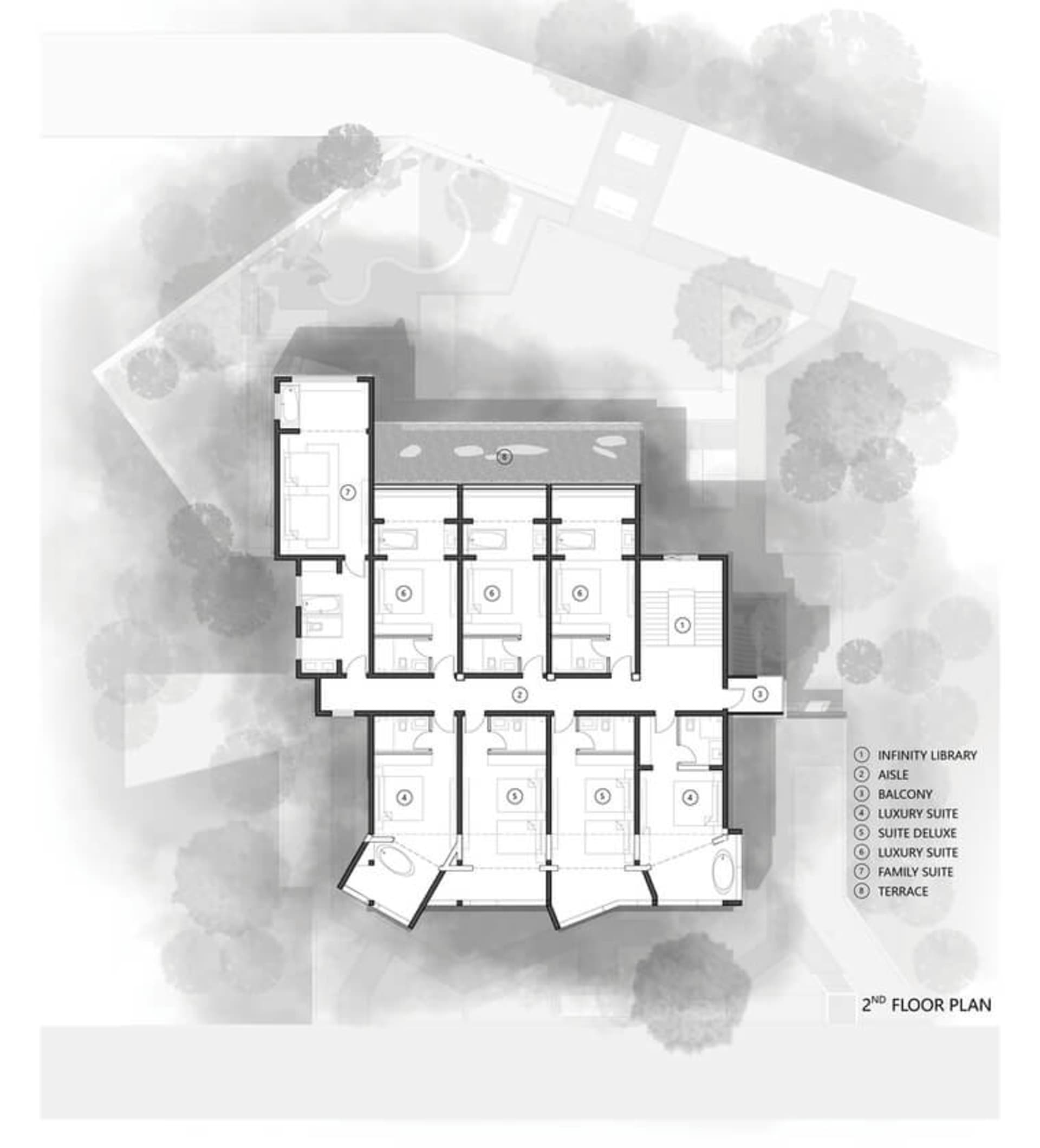 2nd floor architectural plan featuring various rooms including infinity library, aisle, balcony, and various suites.
