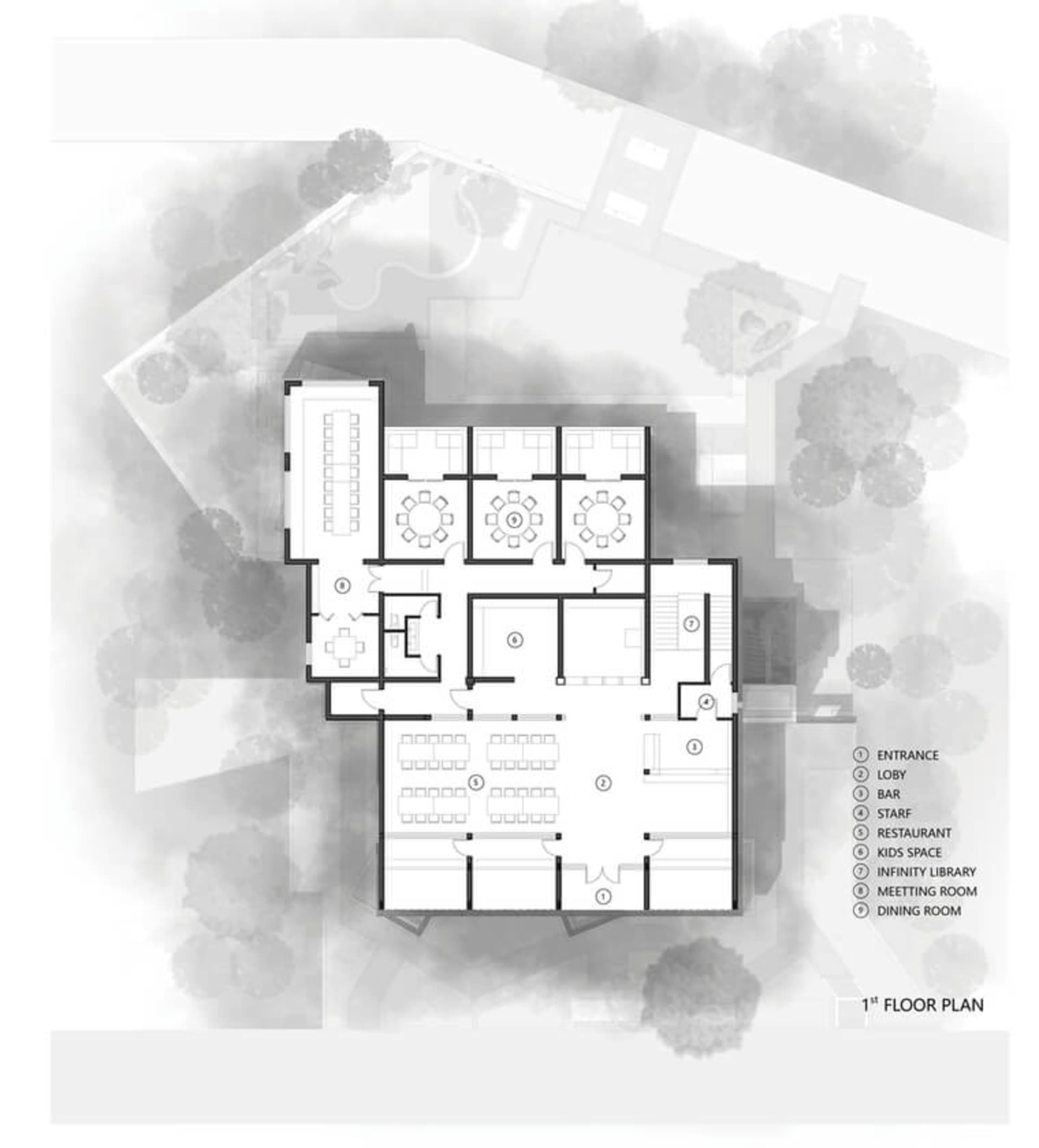 一張描繪現代建築地面層配置的白底建築圖面。