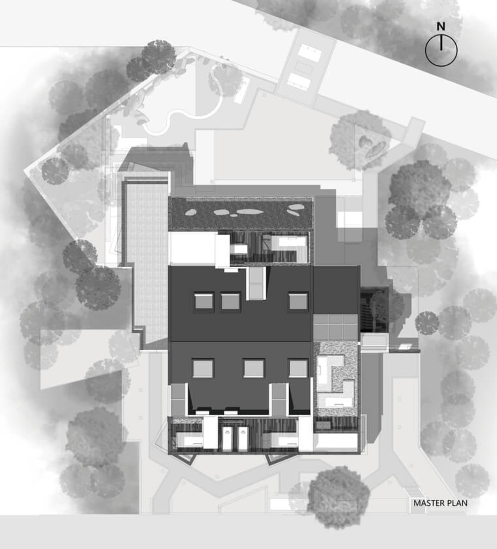 現代住宅總平面圖,展示當代樓層平面與配置,融入混凝土結構元素,呈現極簡設計風格