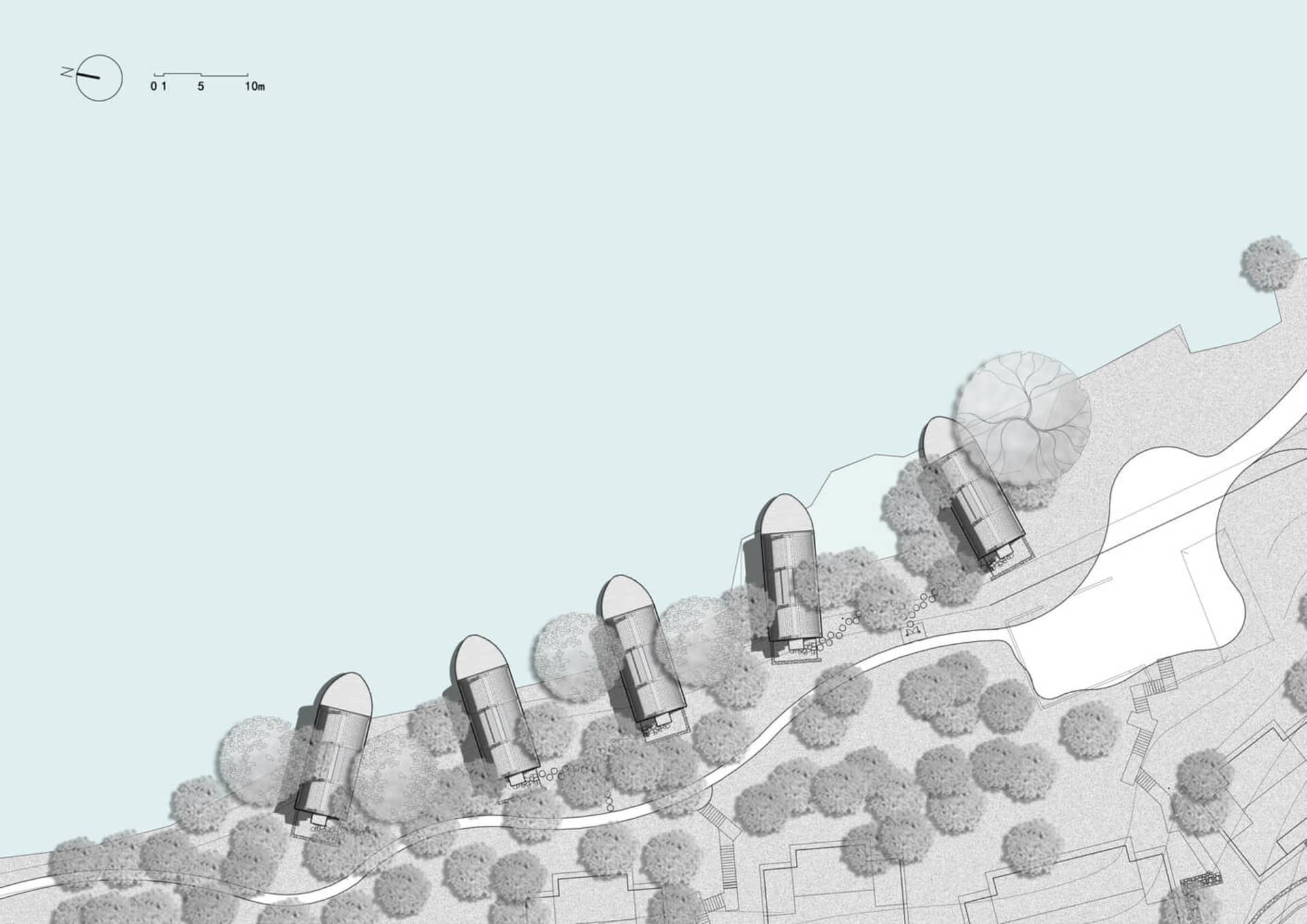 An architectural rendering of a residential compound showing a series of modern houses alongside a water body with trees.