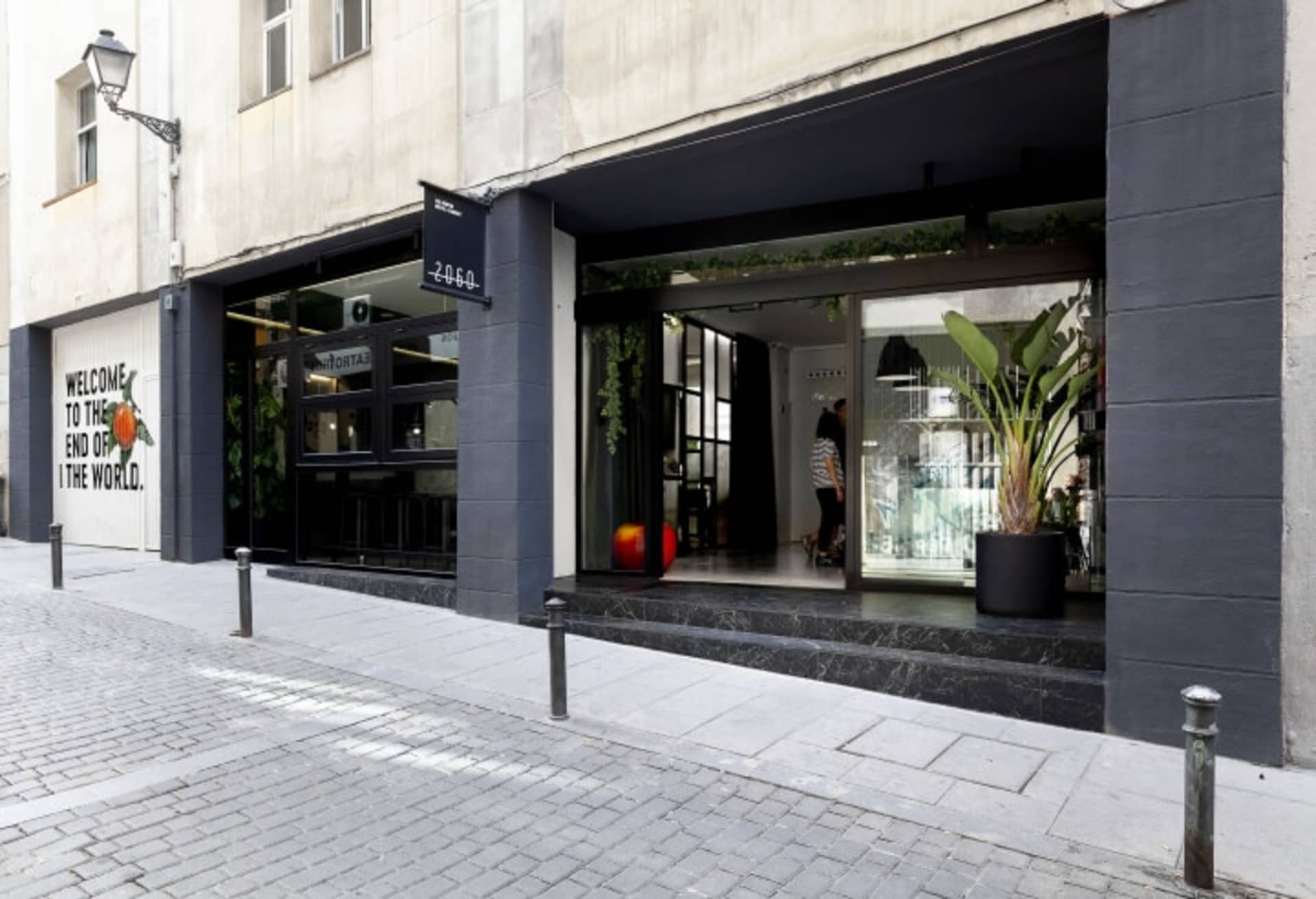 Modern street view featuring a building with black concrete walls, glass doors, and green potted plants.