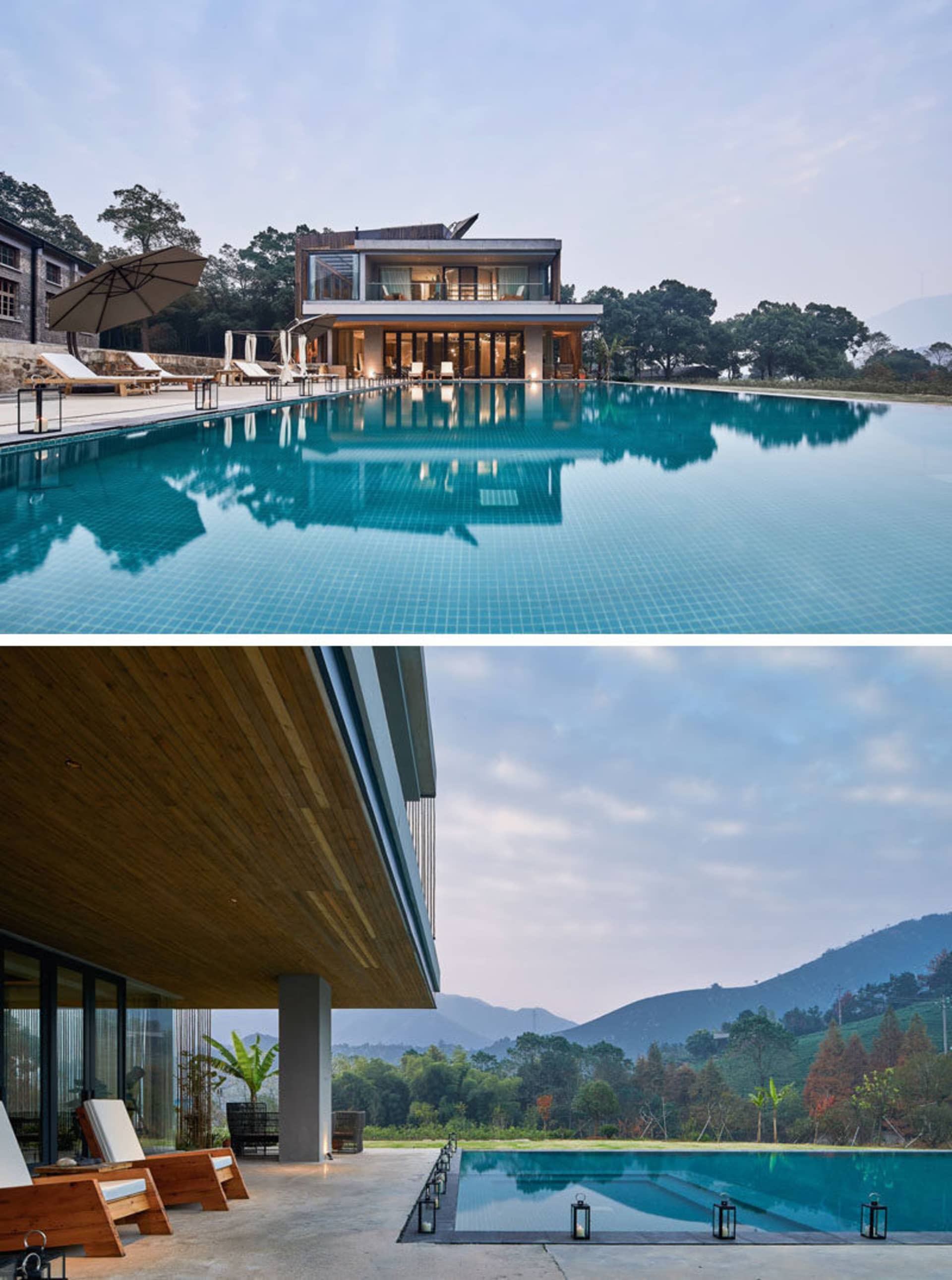 An image of a modern residential building with a large outdoor infinity swimming pool, featuring transparent glass and concre