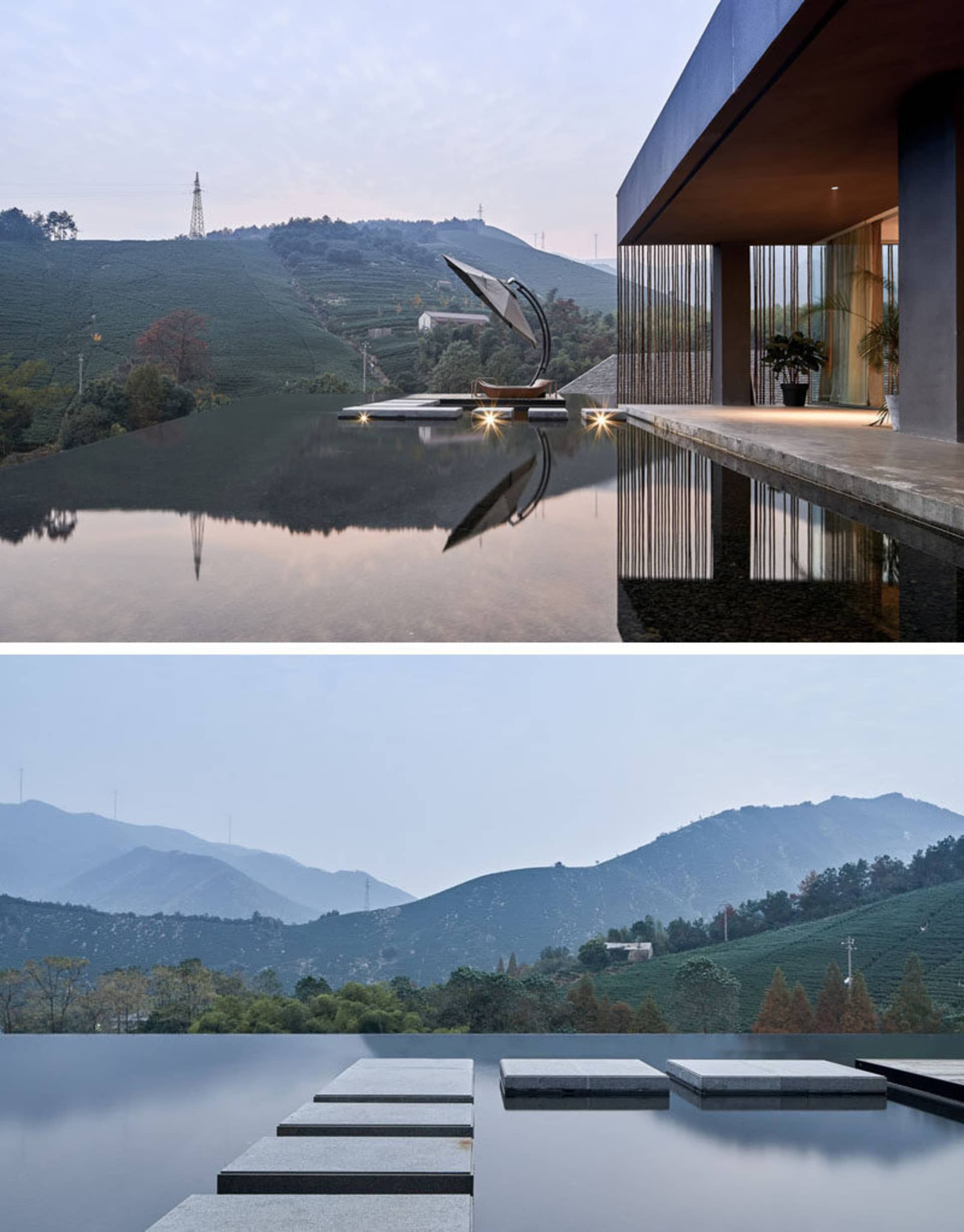A modern residential design featuring a concrete and stone exterior with a contemporary pool and scenic mountain views.