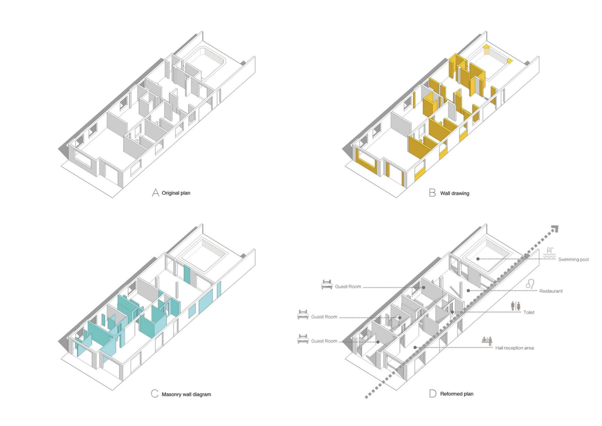 A comparison of original and reformed floor plans of a lobby retail store group with new architectural features, including a