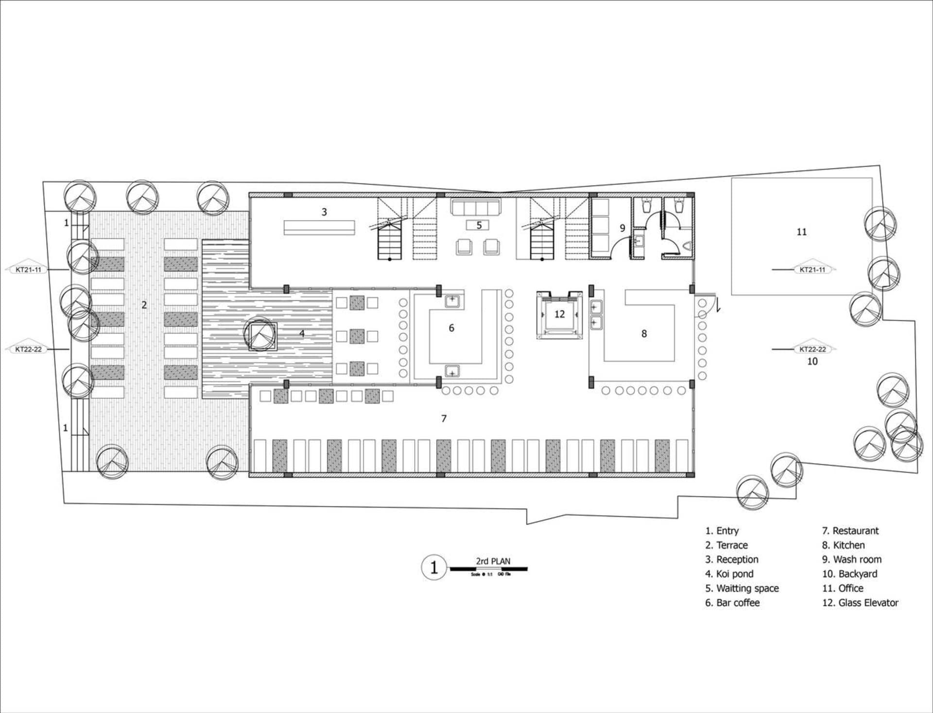 現代餐廳的2D建築圖,展示混凝土地板。
