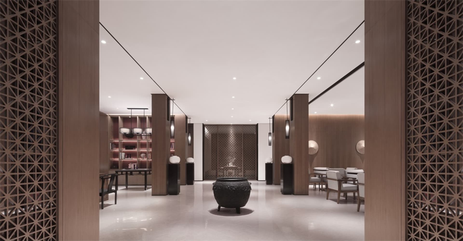 A modern lobby featuring marble and glass