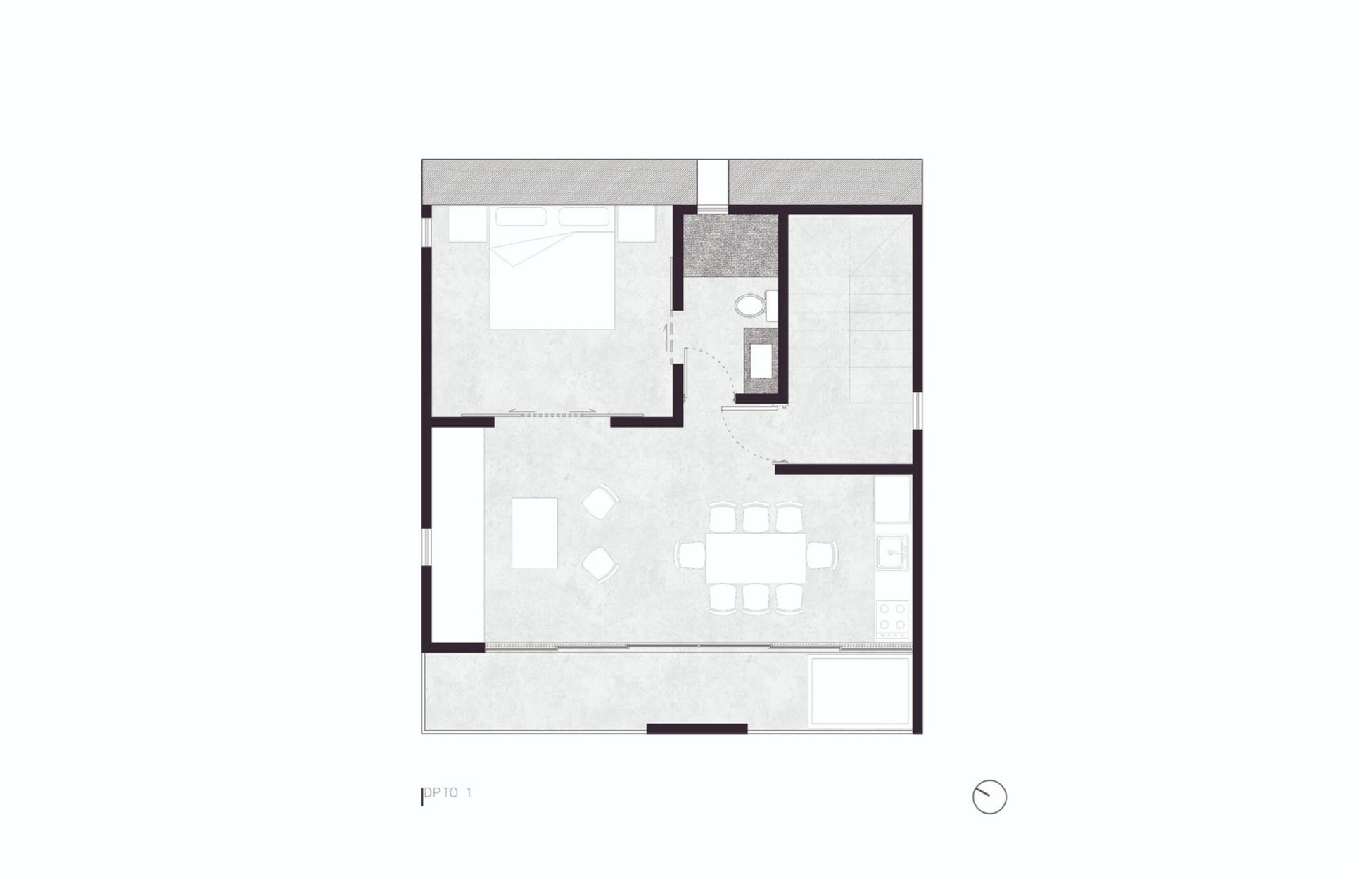 A minimalist bedroom floor plan with a bed, dresser, and nightstand