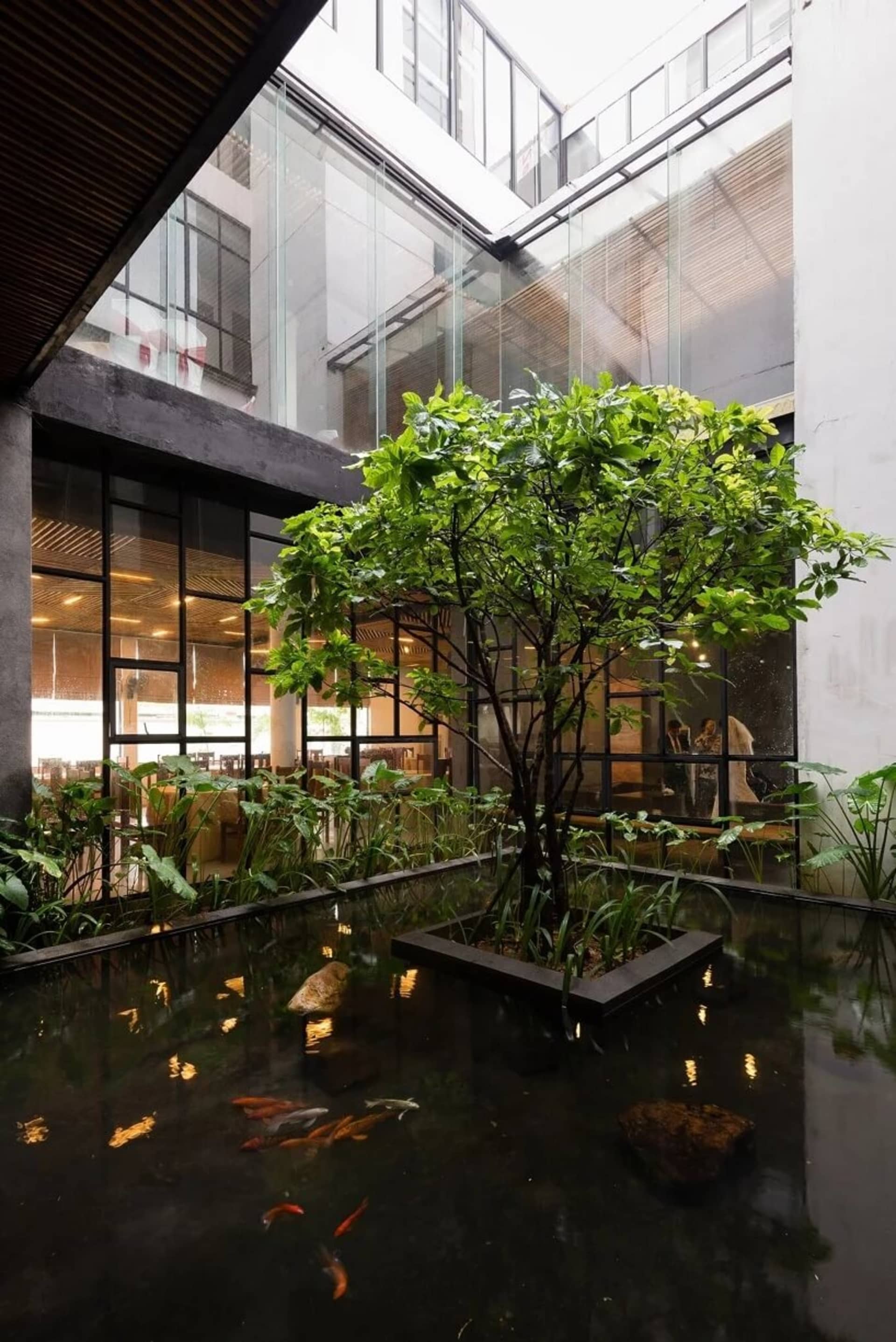 Modern living room featuring greenery, glass, concrete and water elements.