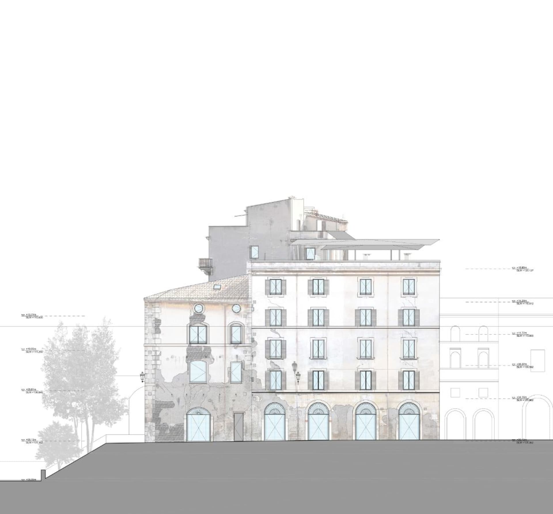 建築渲染圖,展示正在進行翻新的建築物外觀。