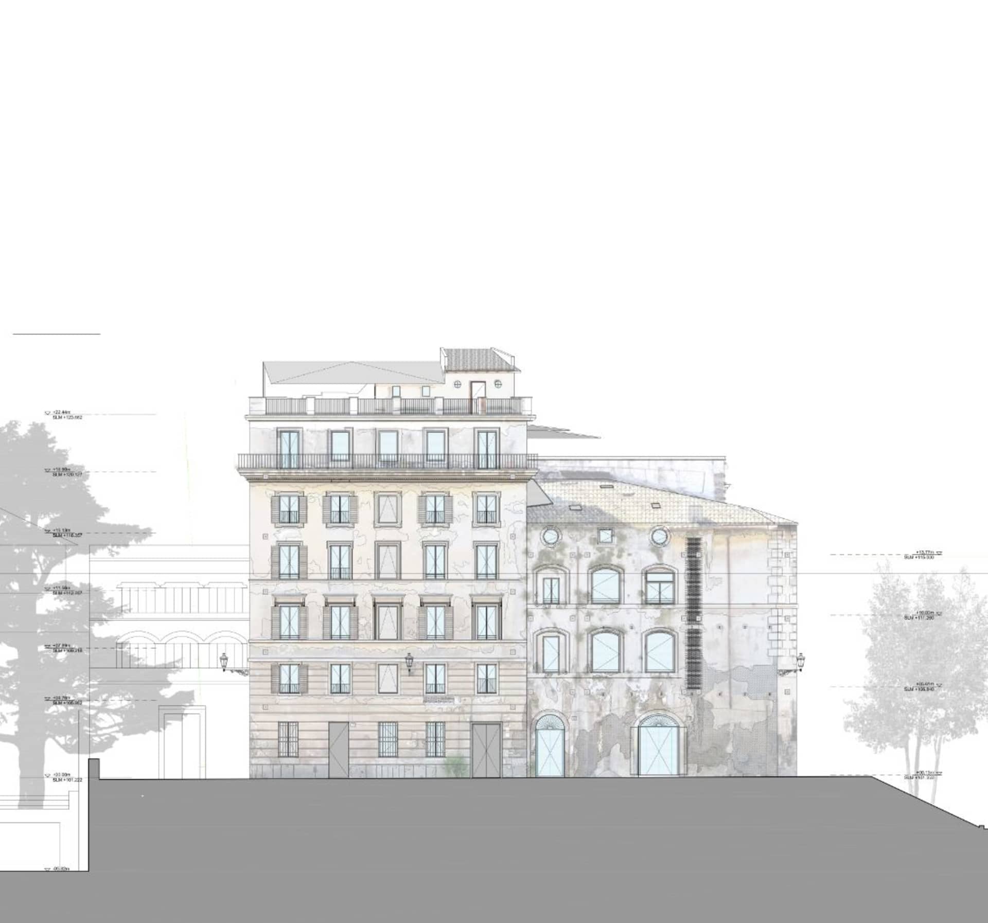 古典建築混凝土外牆與多扇窗戶及陽台的示意圖。